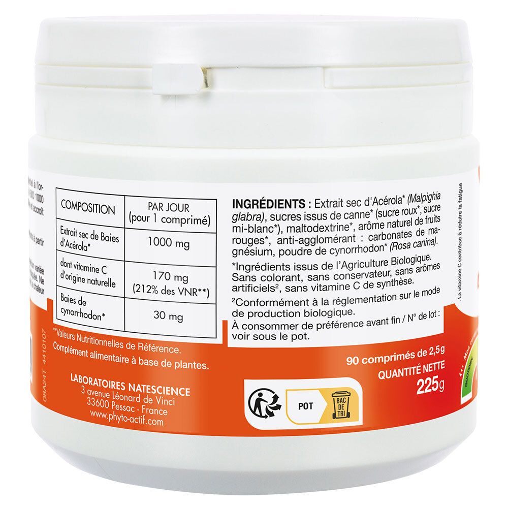 Dos du pot blanc. Étiquette rouge avec ingrédients et informations nutritionnelles. 90 comprimés, 225g.