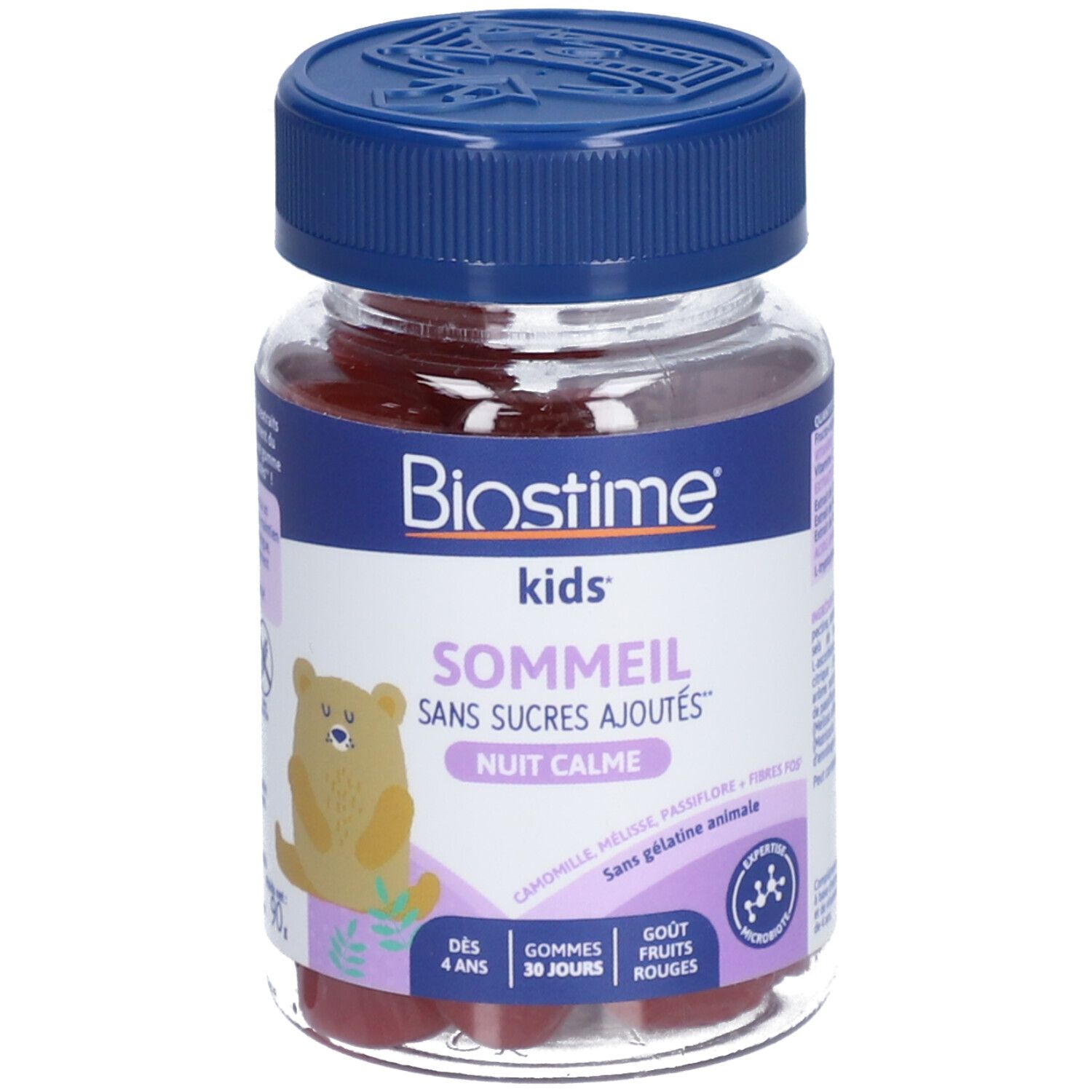 Flacon de gommes Biostime kids Sommeil, sans sucres ajoutés. Contient des gommes rouges. Bouchon bleu.