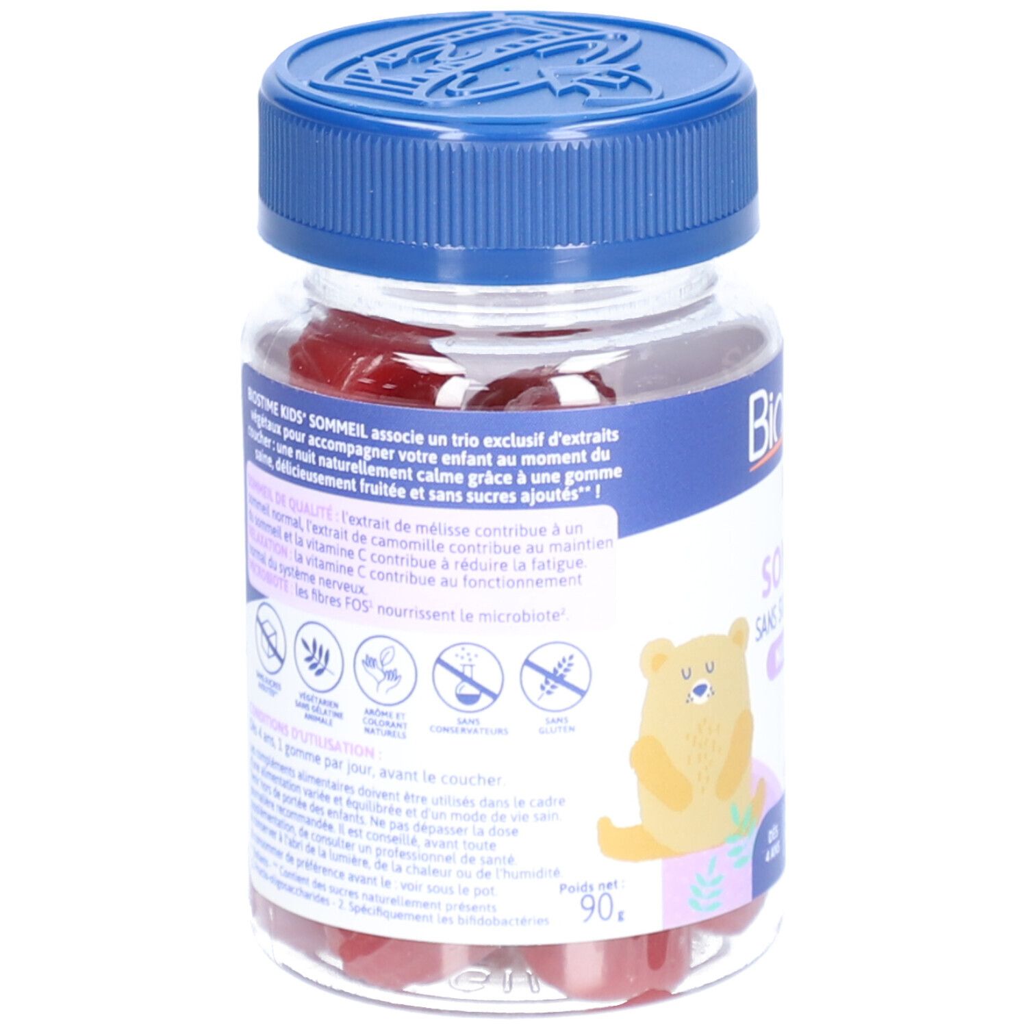 Dos du flacon de gommes Biostime kids Sommeil. Illustration d'un ours. Ingrédients et informations.