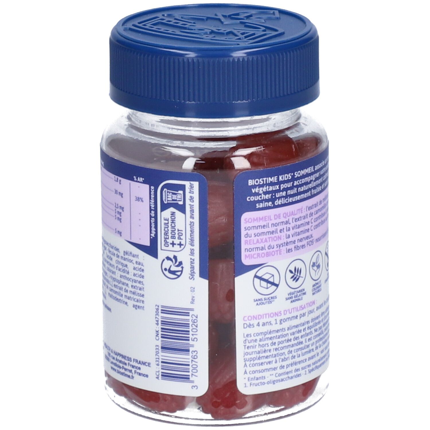 Dos du flacon de gommes Biostime kids Sommeil. Informations nutritionnelles et ingrédients.