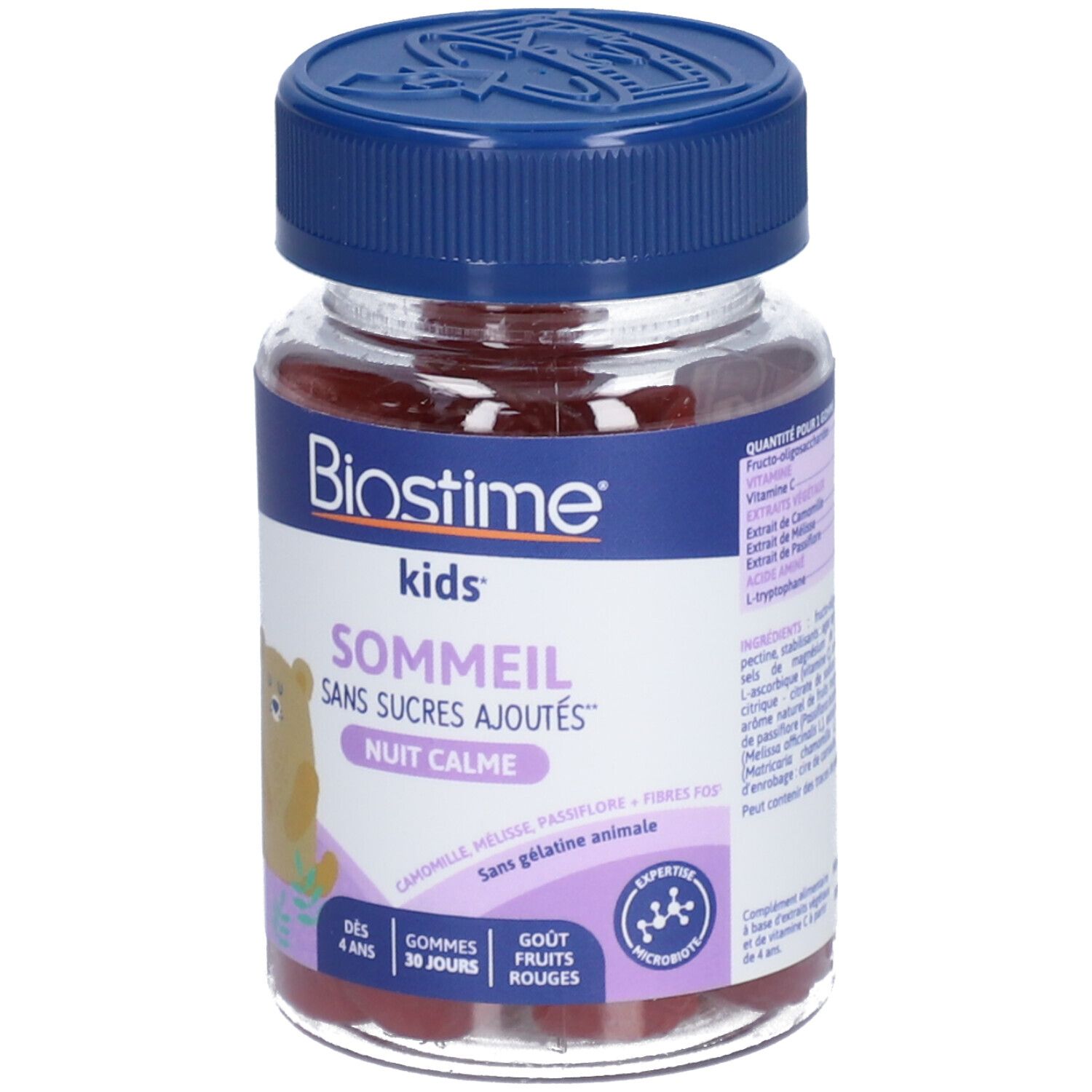 Flacon de gommes Biostime kids Sommeil, sans sucres ajoutés. Contient des gommes rouges. Bouchon bleu.