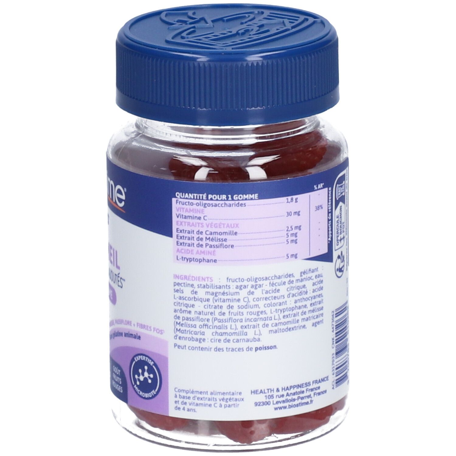 Dos du flacon de gommes Biostime kids Sommeil. Informations nutritionnelles et ingrédients.