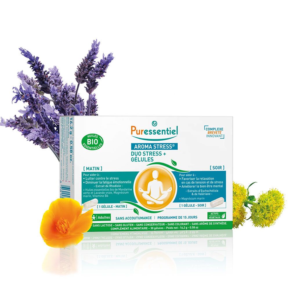 Paquet Puressentiel AROMA STRESS® Gélules Duo Stress + avec lavande et fleurs. Certification Bio.