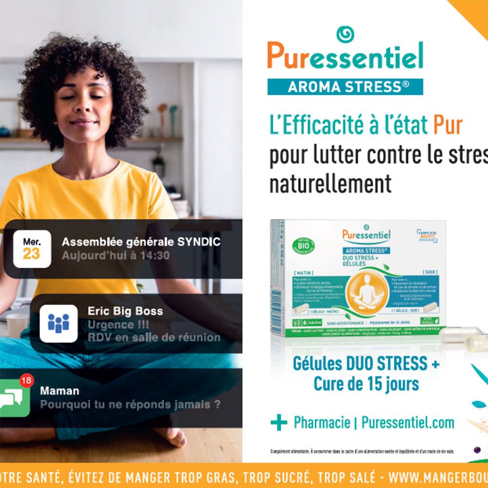 Publicité Puressentiel AROMA STRESS®. Boîte et gélules. Texte et logo.