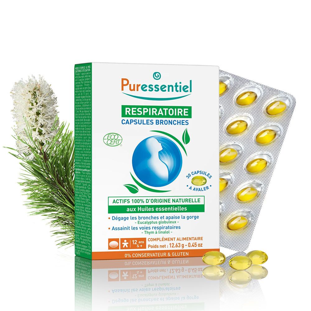 Boîte de capsules. Marque PURESSENTIEL. Texte: RESPIRATOIRE CAPSULES BRONCHES. 30 capsules. ECO CERT.