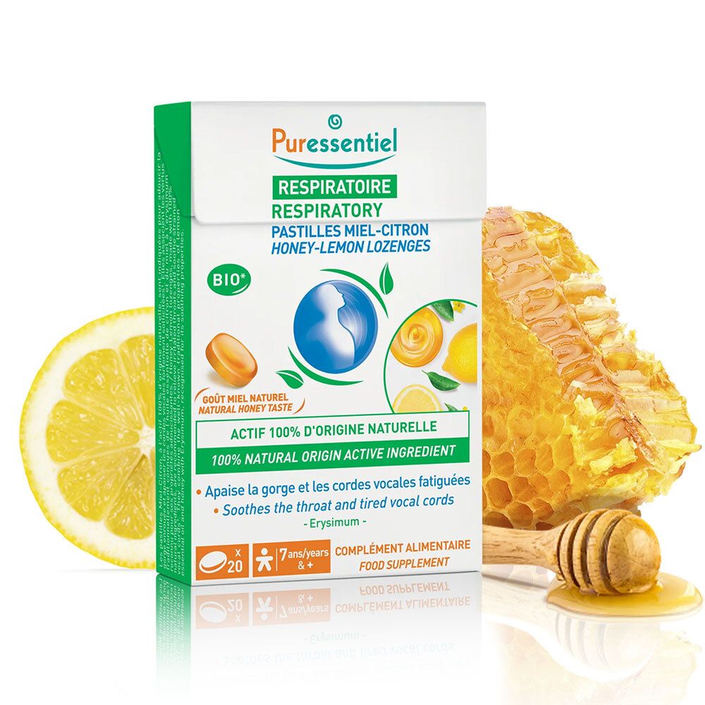 Boîte de pastilles, citron, rayon de miel. Inscription: RESPIRATOIRE, Pastilles Miel-Citron. Certification Bio.