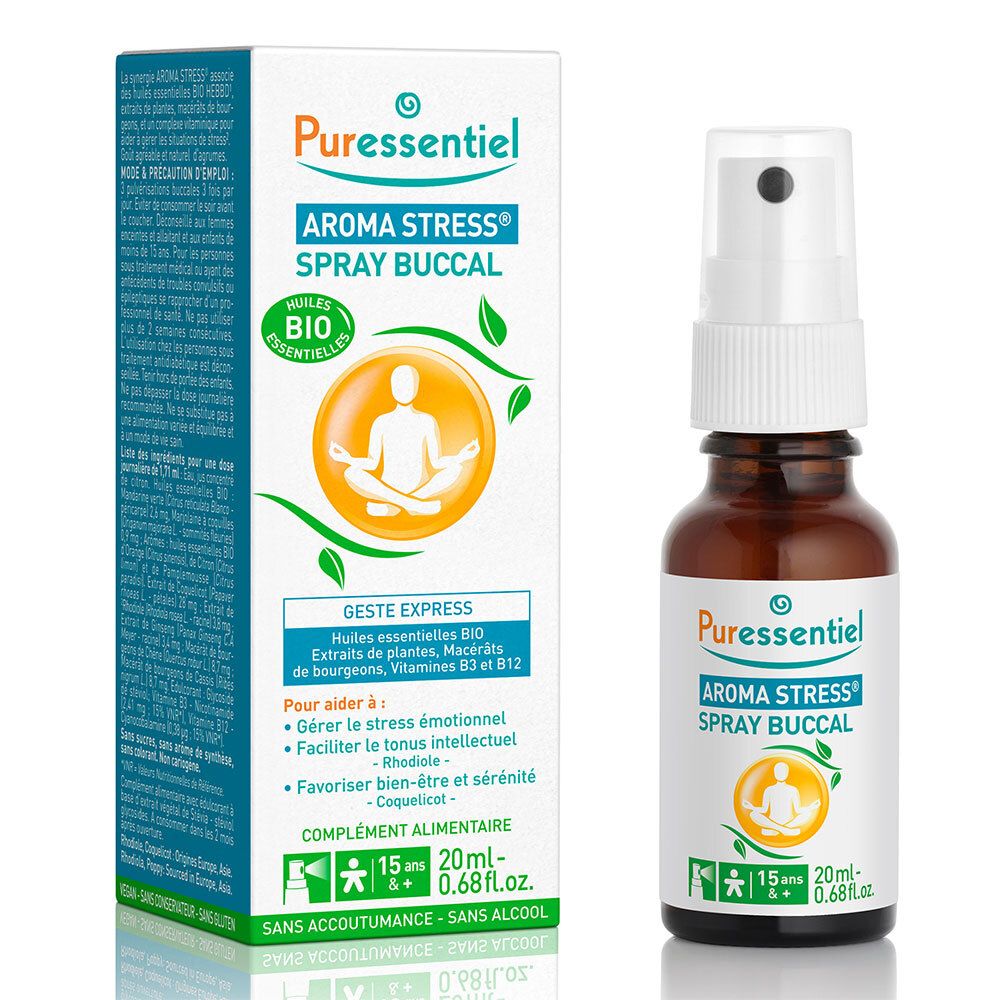 Puressentiel AROMA STRESS® Spray Buccal et emballage. Flacon brun avec vaporisateur blanc. Boîte blanche avec informations produit.