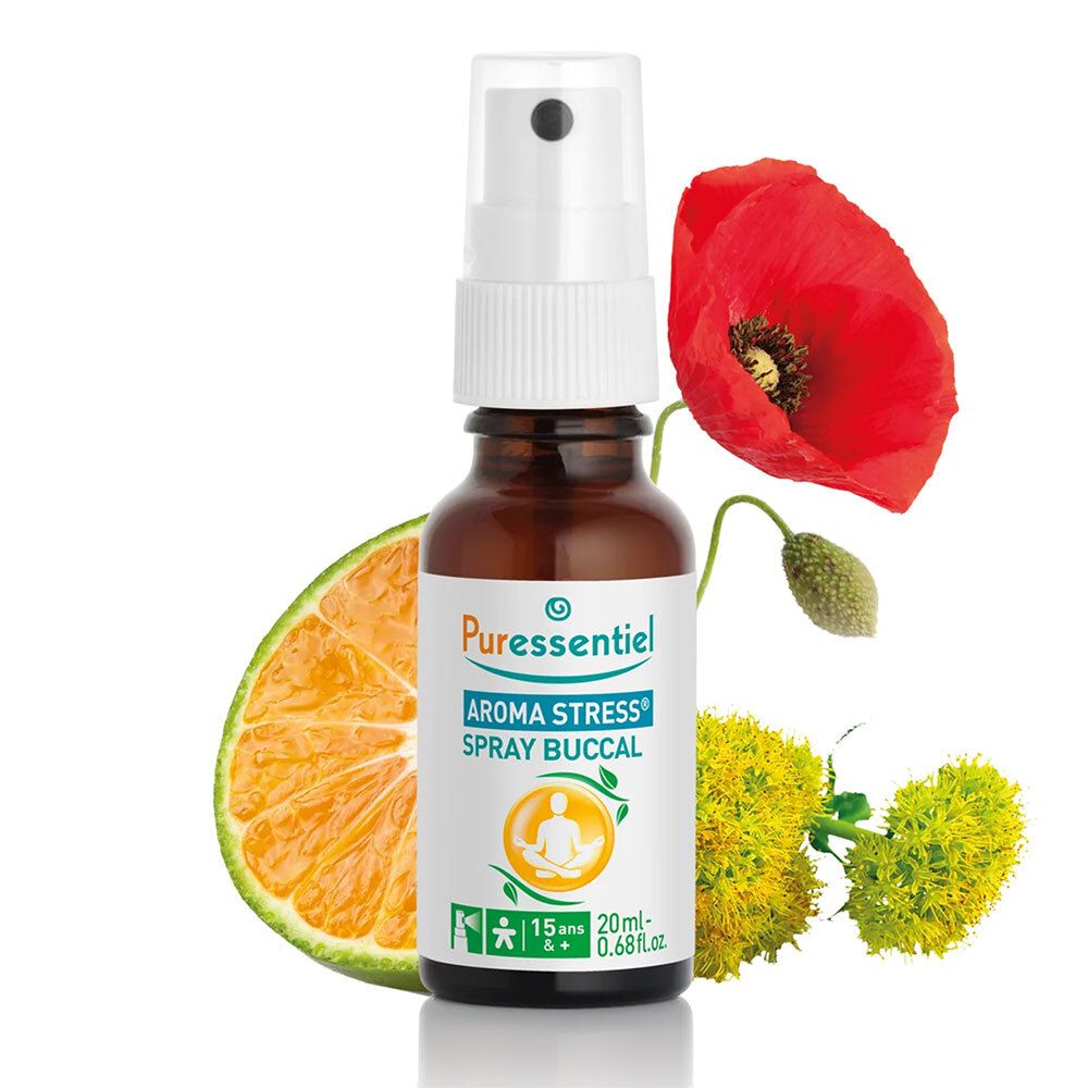 Puressentiel AROMA STRESS® Spray Buccal. Flacon brun avec vaporisateur blanc. Avec coquelicot, citron et fleurs jaunes.