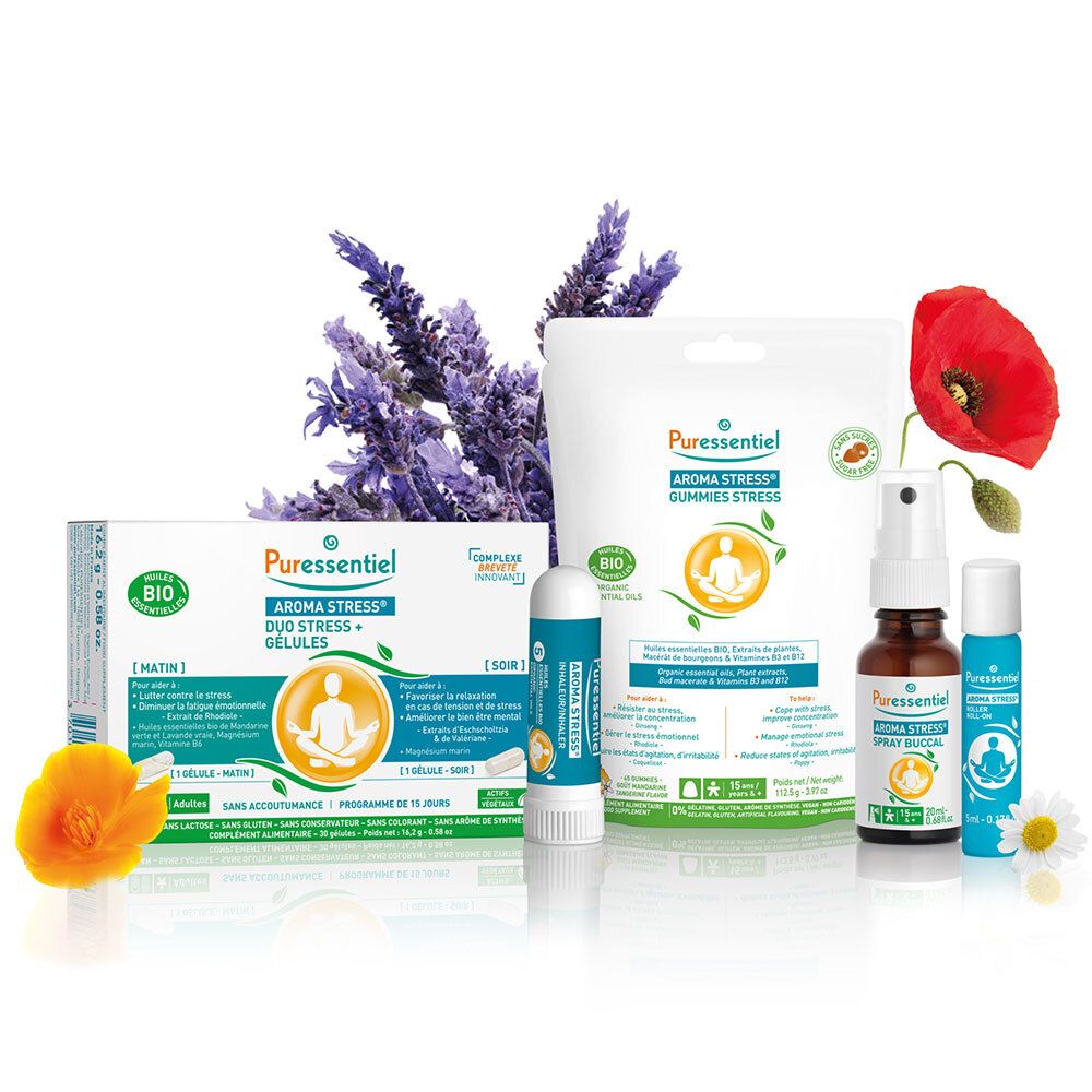 Divers produits Puressentiel : spray, gélules, stylos. Avec lavande, coquelicot et marguerites.