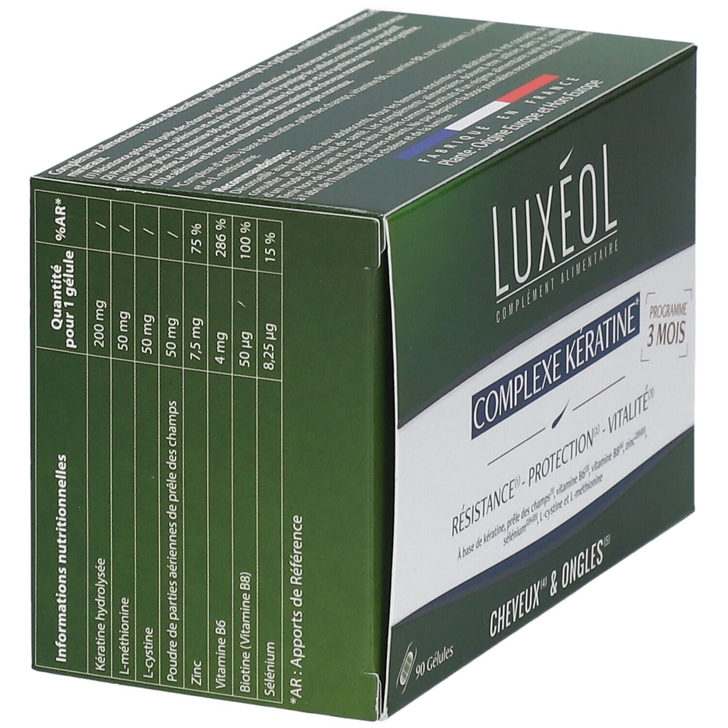 Boîte verte Luxéol Complexe Kératine. Informations nutritionnelles et ingrédients. Texte: Cheveux & Ongles, 90 gélules.