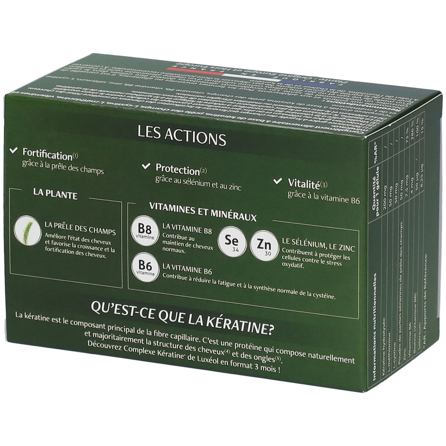 Boîte verte Luxéol Complexe Kératine. Texte: Les Actions, Vitamines et minéraux, Qu'est-ce que la kératine? Ingrédients.