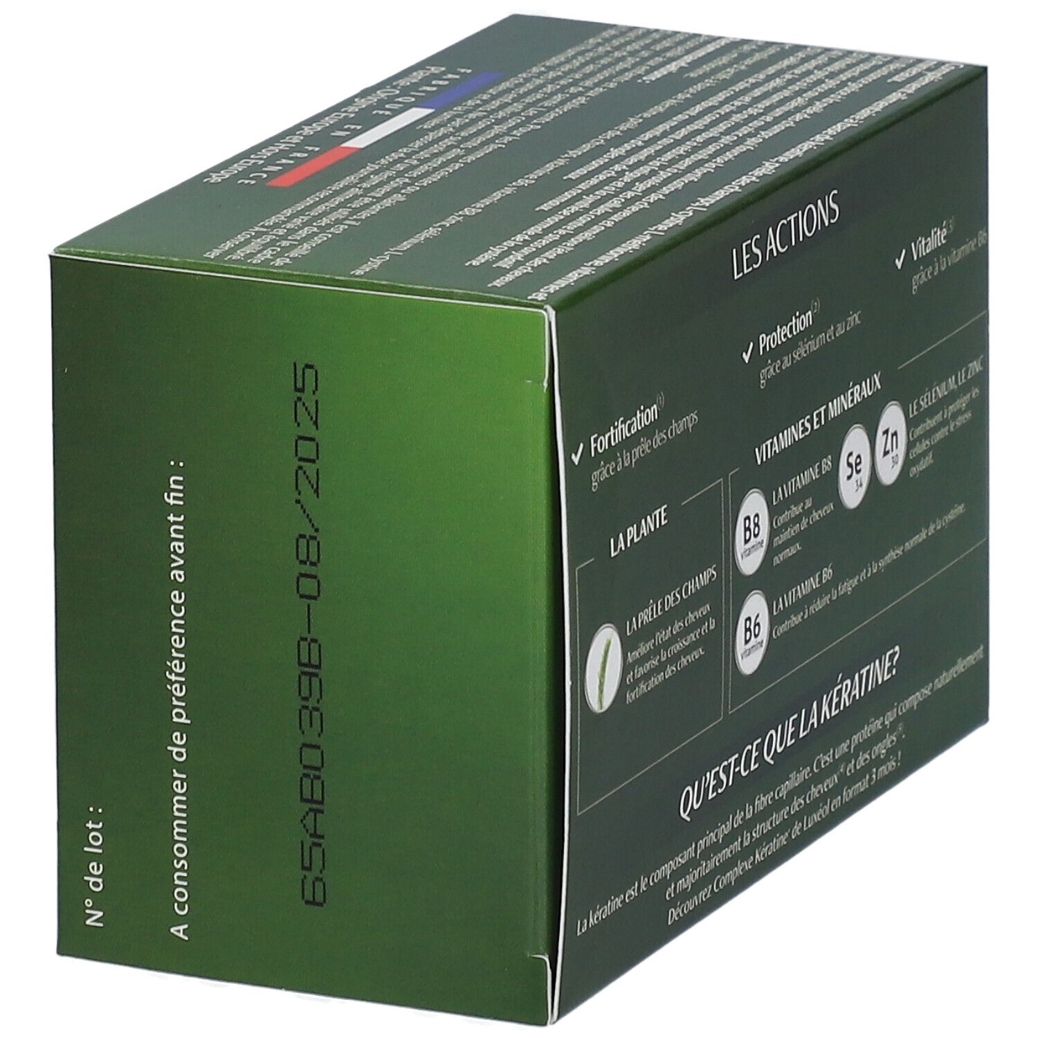 Boîte verte Luxéol Complexe Kératine. Texte: Les Actions, Vitamines et minéraux, Qu'est-ce que la kératine? Date de péremption.