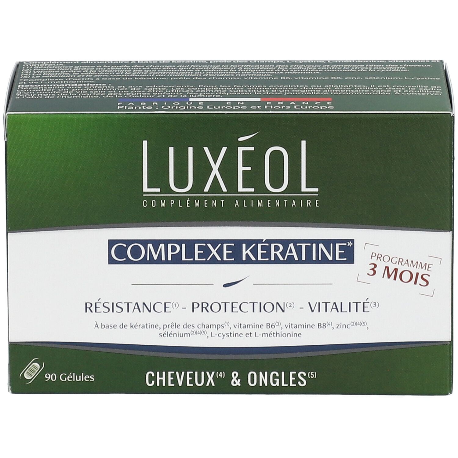 Boîte verte Luxéol Complexe Kératine, 90 gélules. Inscription: Cheveux & Ongles, Programme 3 mois. Ingrédients et informations.