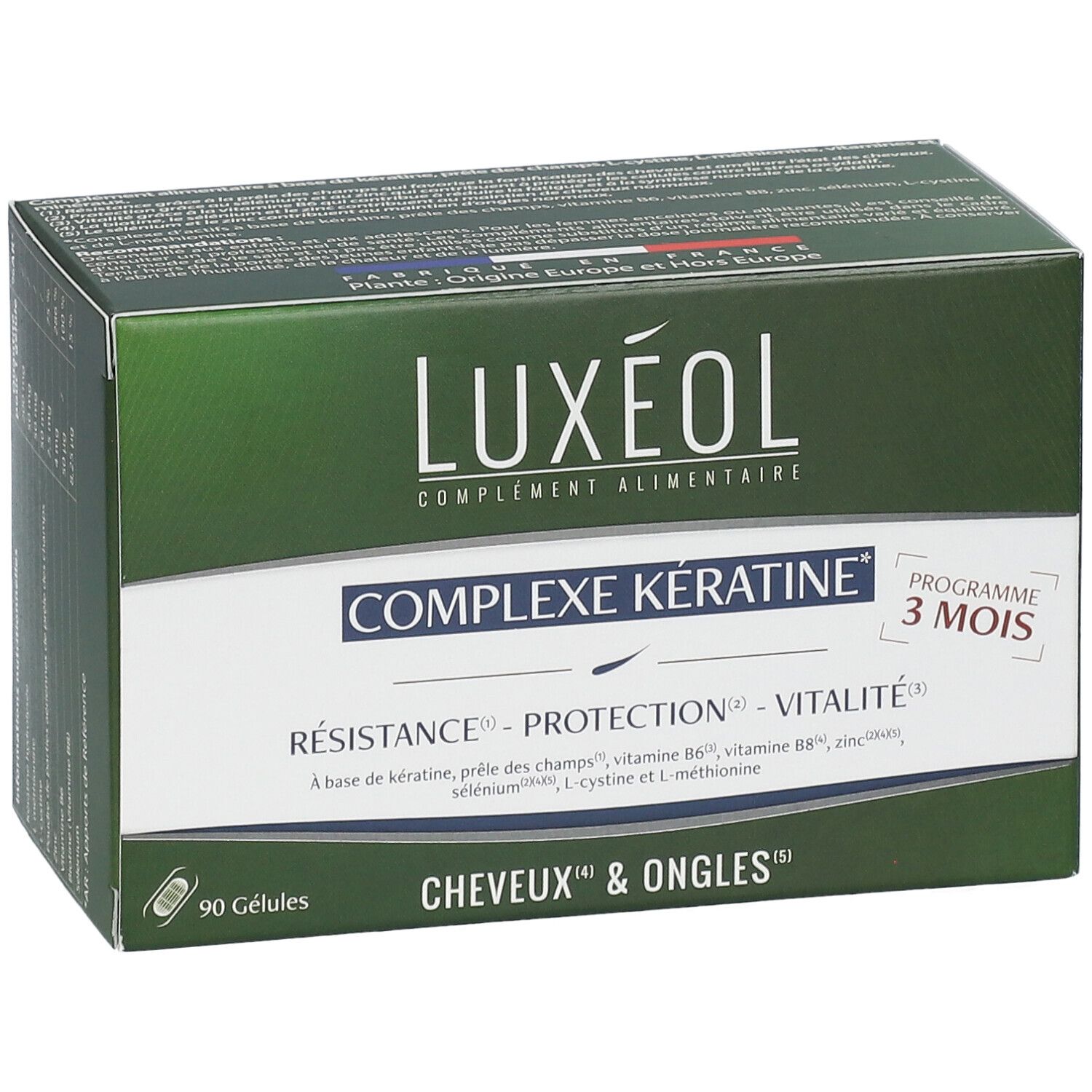 Boîte verte Luxéol Complexe Kératine, 90 gélules. Inscription: Cheveux & Ongles, Programme 3 mois. Ingrédients et informations.