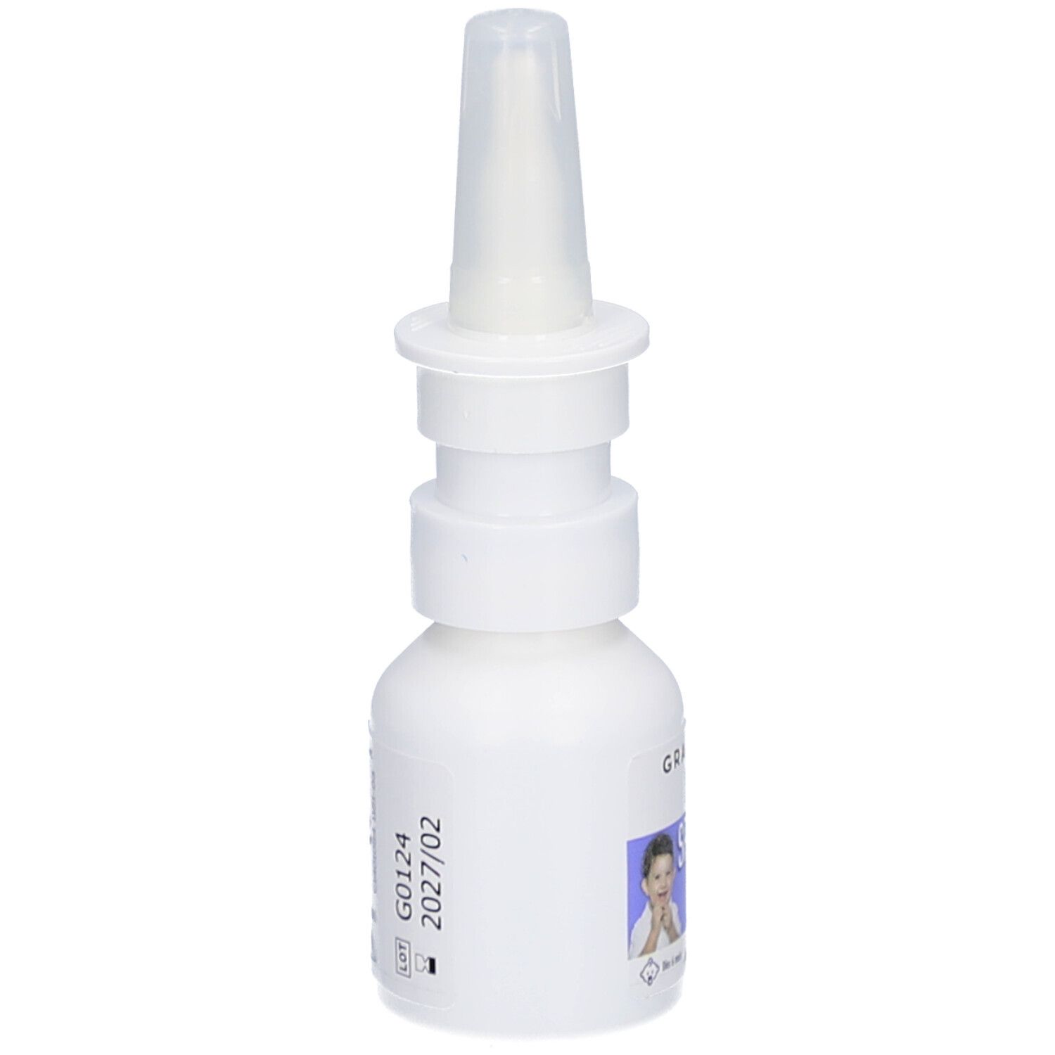 Flacon de spray nasal blanc avec embout. Étiquette avec informations et image. Date de péremption 2027/02.