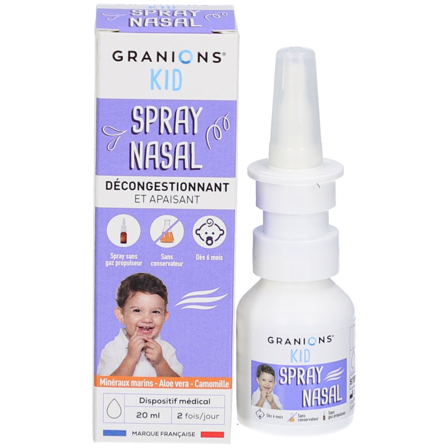 Emballage du produit avec flacon de spray nasal. Boîte avec nom du produit, image d'enfant et informations.
