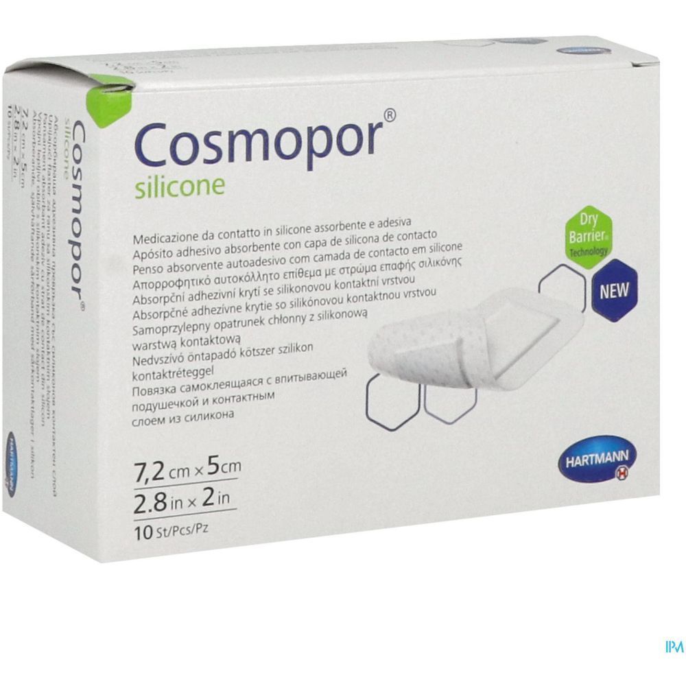Emballage de Cosmopor® silicone. Dimensions 7,2 x 5 cm. 10 pièces. Marque Hartmann.