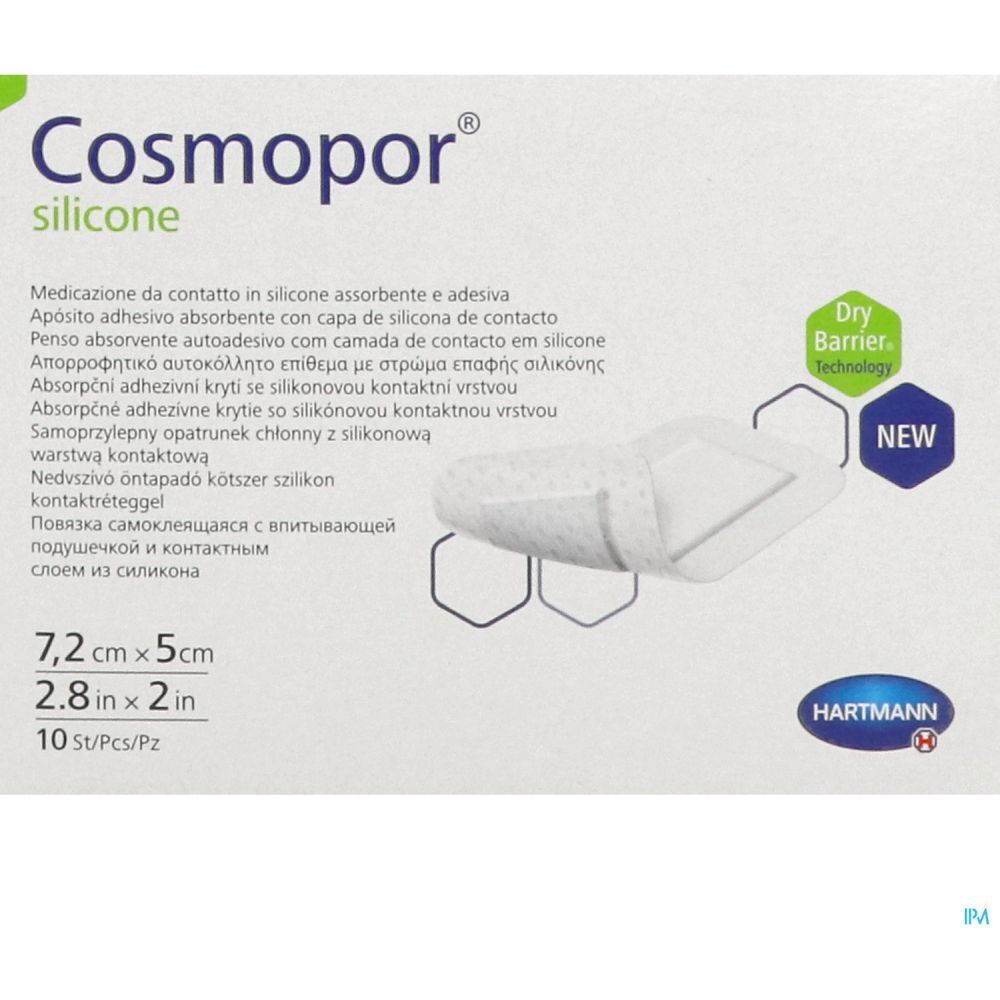 Emballage de Cosmopor® silicone. Dimensions 7,2 x 5 cm. 10 pièces. Marque Hartmann.