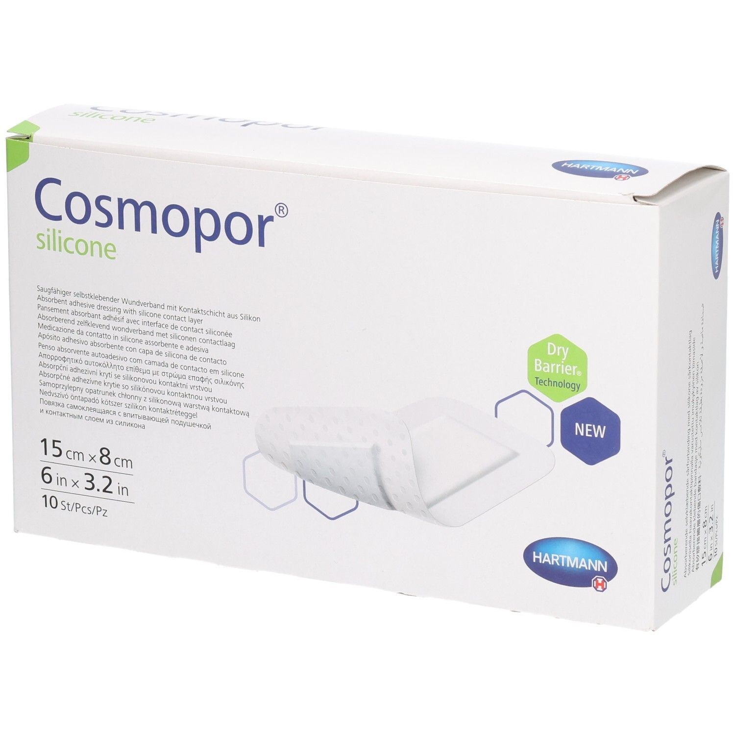Boîte de HARTMANN Cosmopor® Silicone. Carton blanc avec nom du produit et dimensions. 10 pièces par paquet.