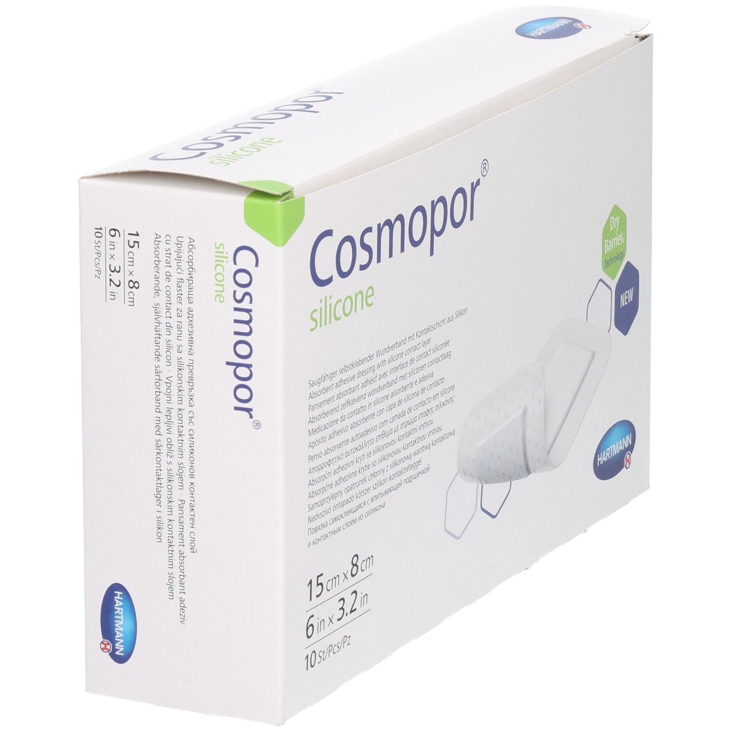 Boîte HARTMANN Cosmopor® Silicone. Carton blanc avec nom et dimensions. Vue en angle.