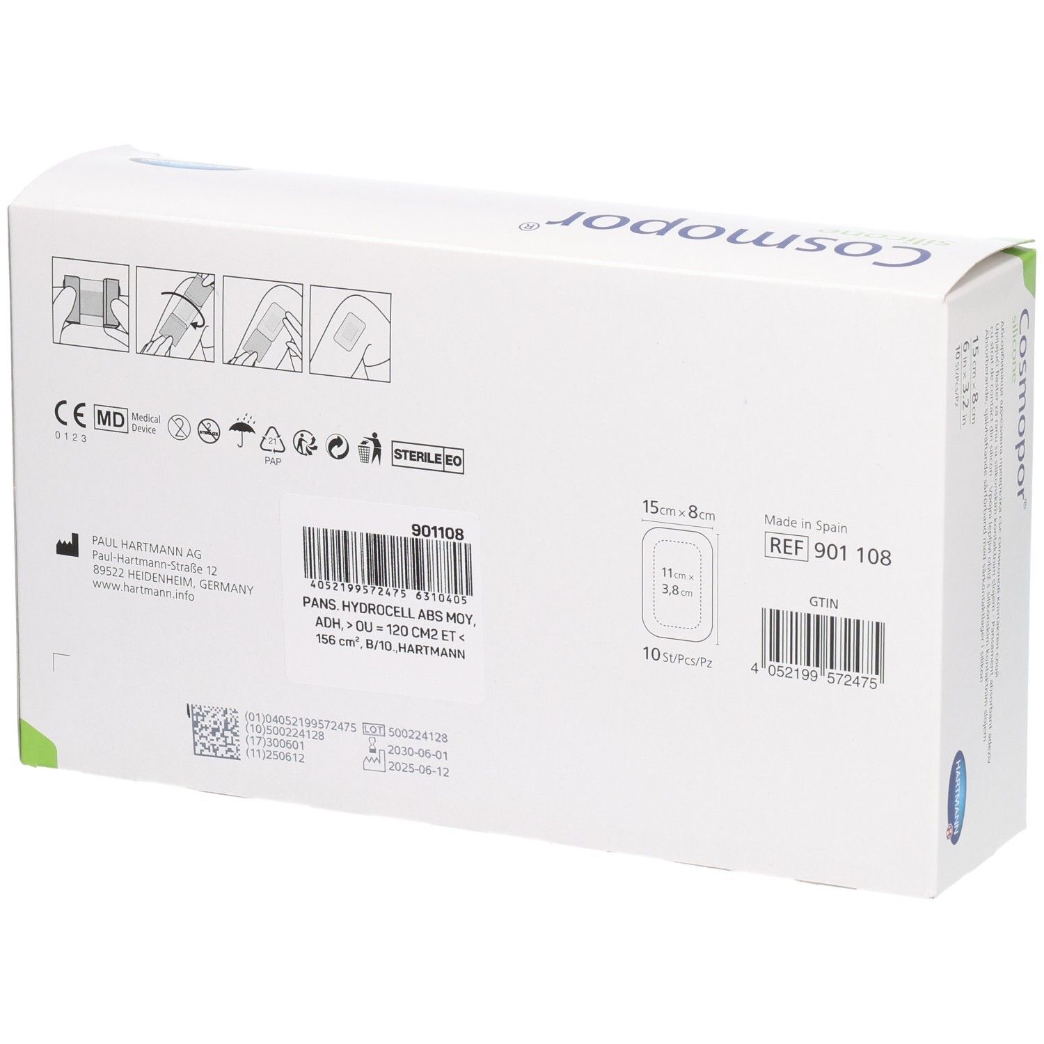 Dos de la boîte HARTMANN Cosmopor® Silicone. Informations produit, code-barres, marquage CE et symbole stérile.