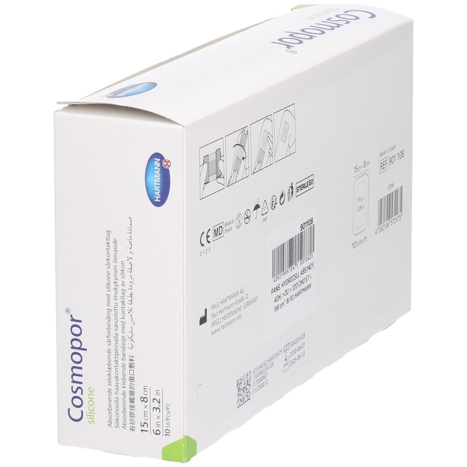 Boîte HARTMANN Cosmopor® Silicone. Vue en angle avec informations produit et marquage CE.
