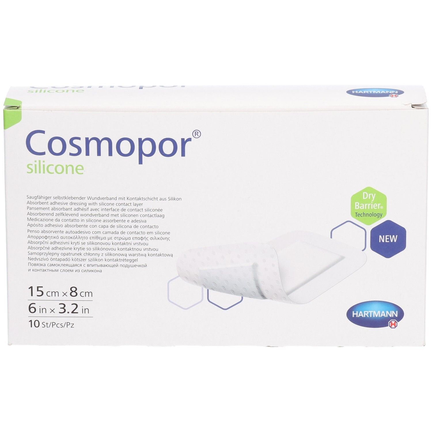 Boîte HARTMANN Cosmopor® Silicone. Carton blanc avec nom, dimensions et technologie Dry Barrier.