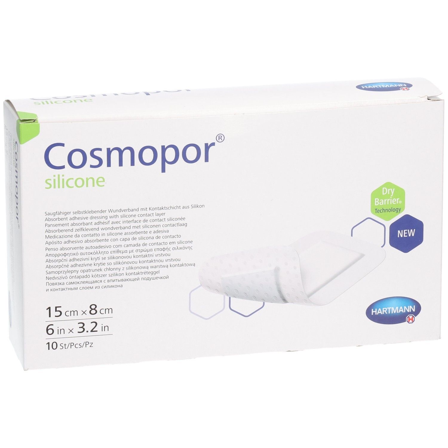 Boîte HARTMANN Cosmopor® Silicone. Carton blanc avec nom, dimensions et technologie Dry Barrier.