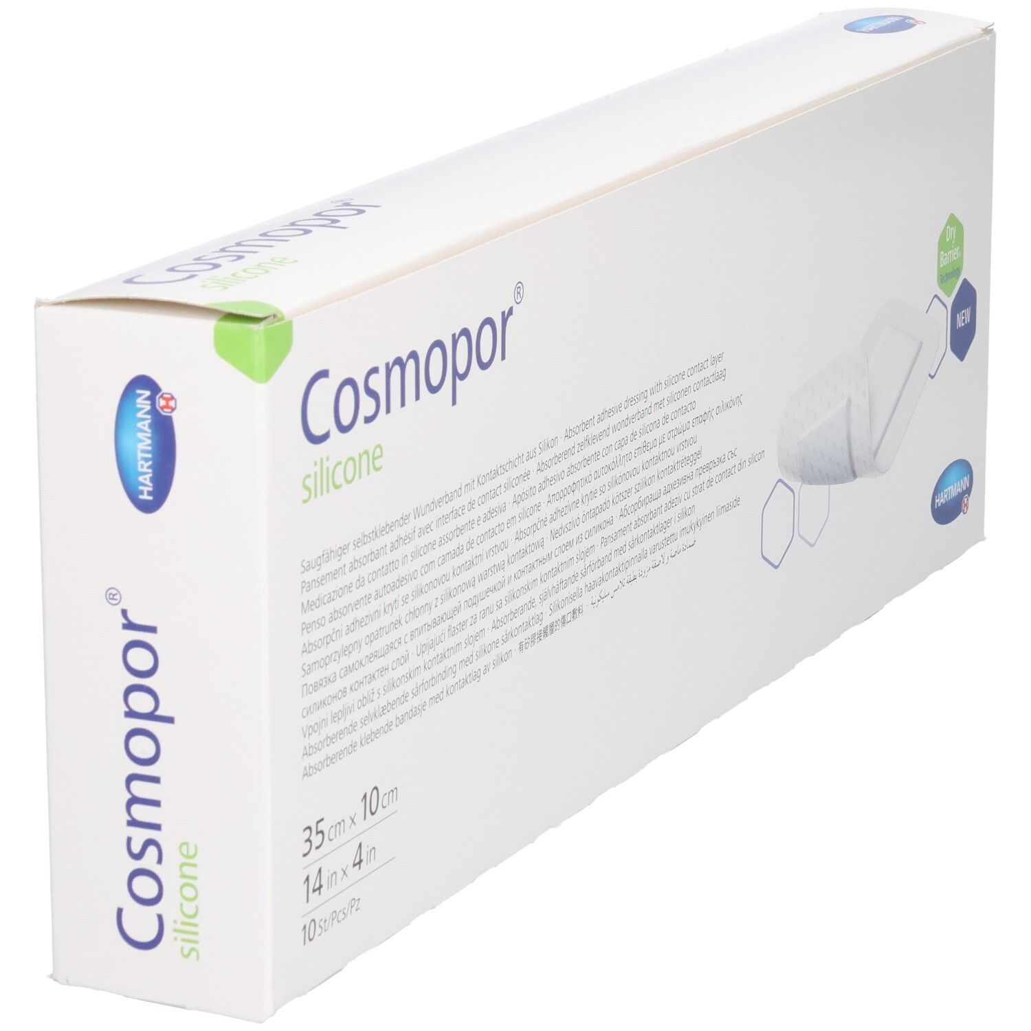 Vue en biais de l'emballage Cosmopor® Silicone. Dimensions 35 x 10 cm. Marque et nom du produit visibles.