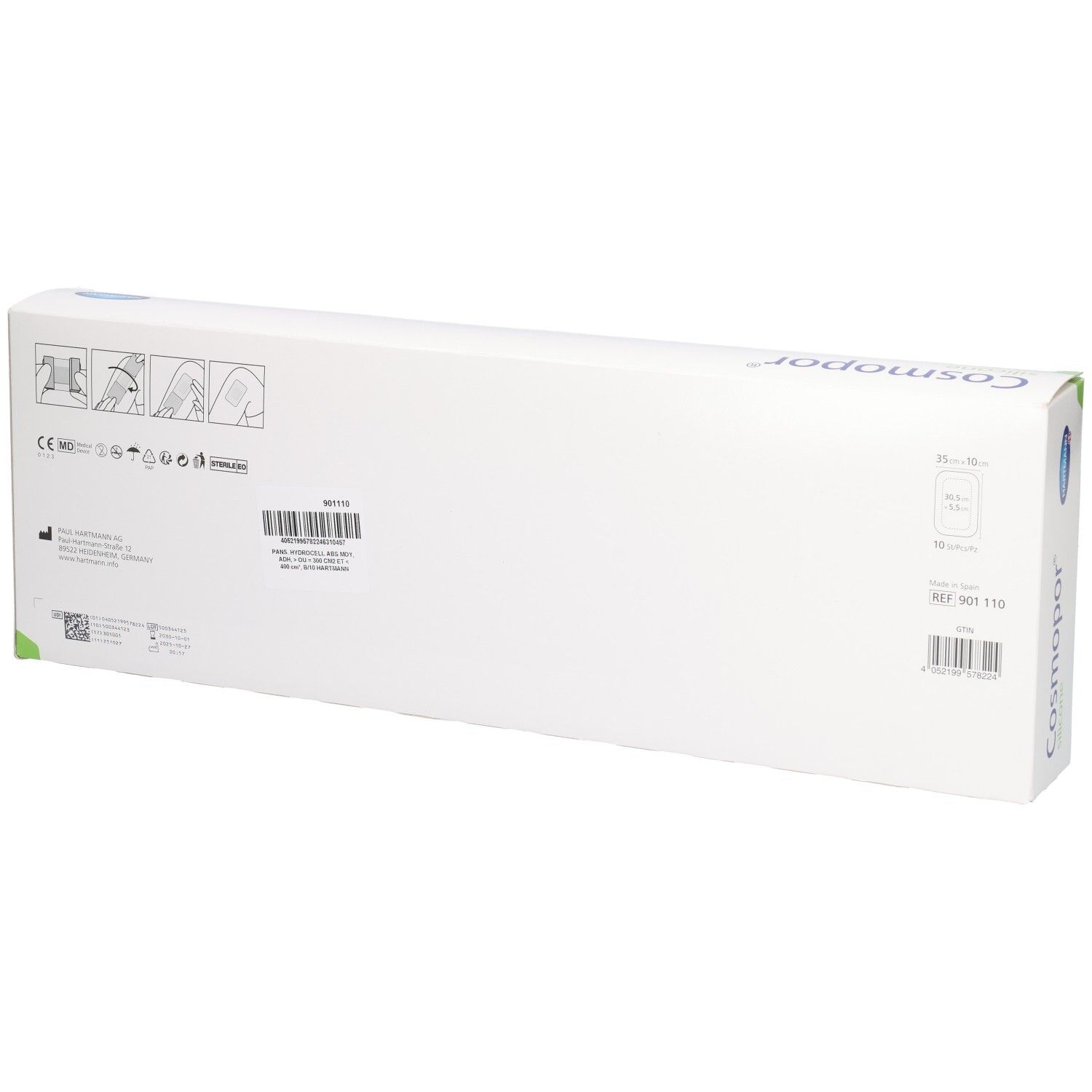 Dos de l'emballage Cosmopor® Silicone. Informations produit et marquage CE.