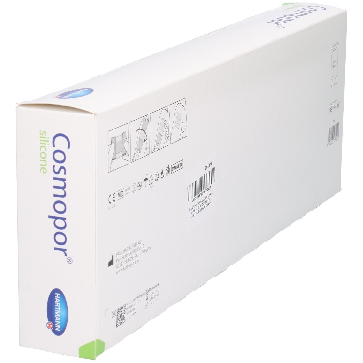 Vue en biais du dos de l'emballage Cosmopor® Silicone. Marquage CE et informations produit.