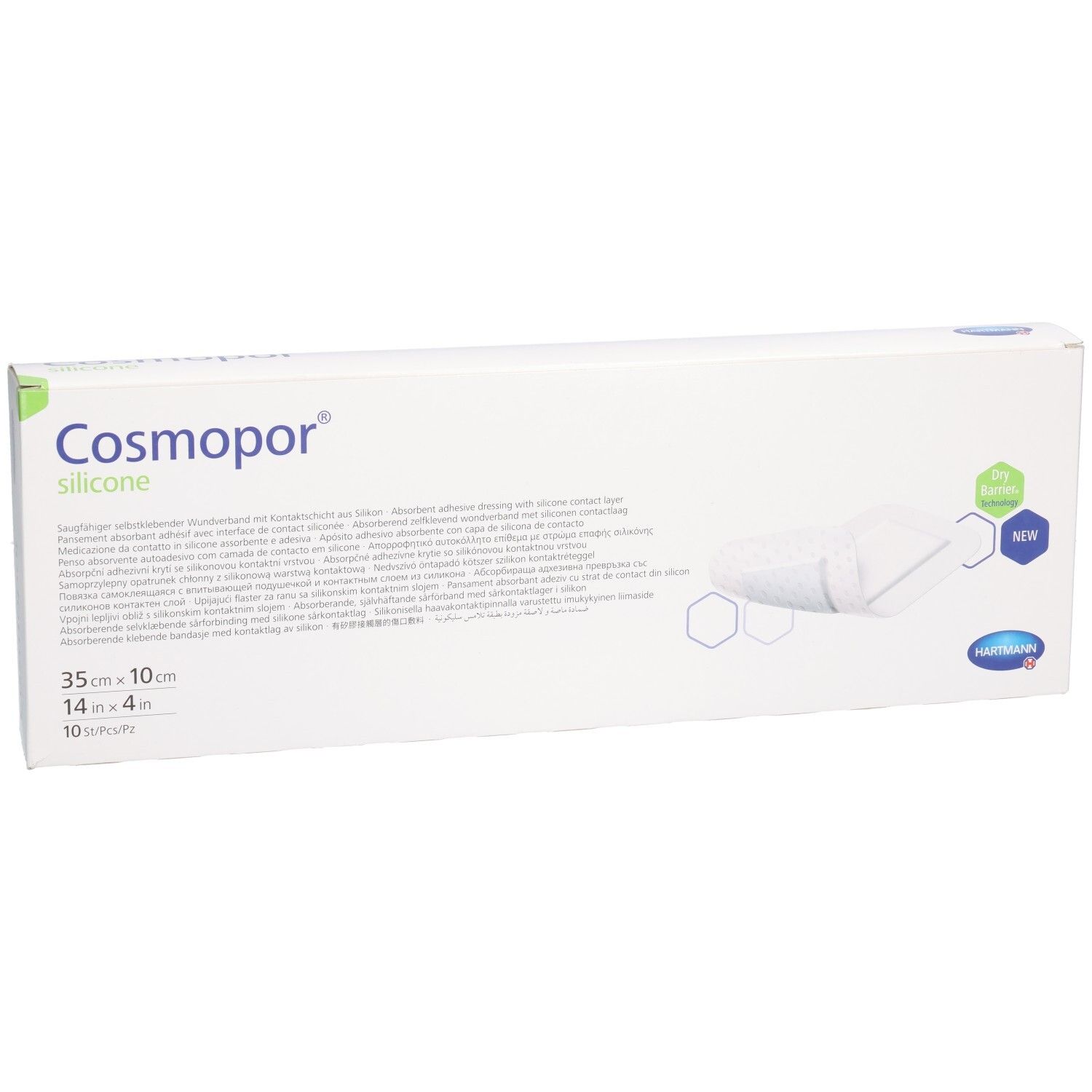 Emballage Cosmopor® Silicone. Dimensions 35 x 10 cm. 10 unités. Marque et nom du produit visibles.