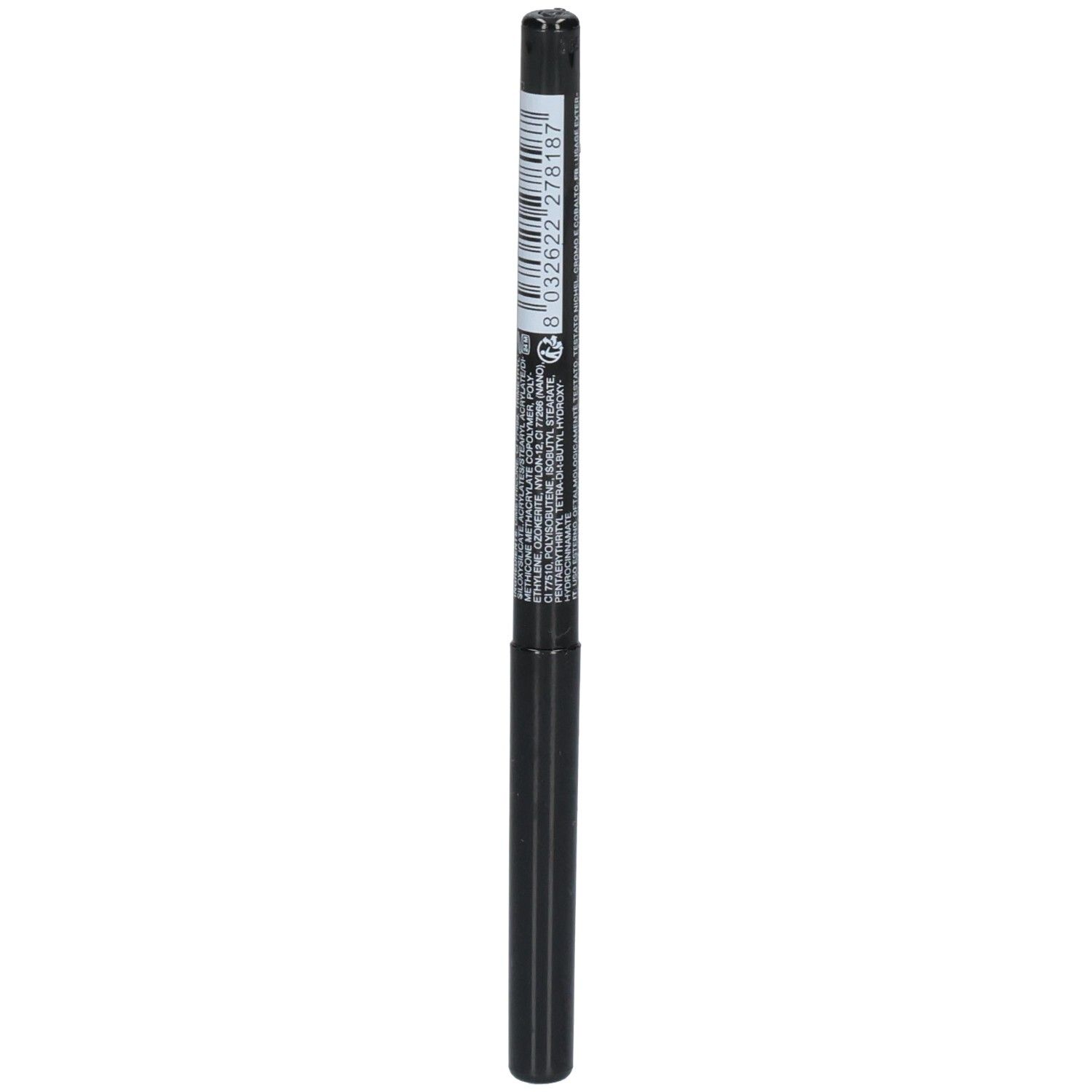 Crayon pour les yeux noir avec texte et code-barres sur le corps.