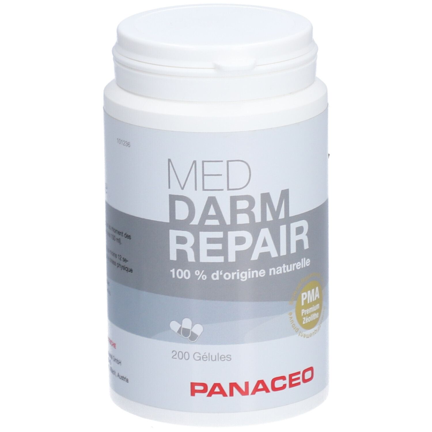Boîte blanche avec inscription "MED DARM REPAIR". Contient 200 gélules. Marque : PANACEO. Avec certification PMA.
