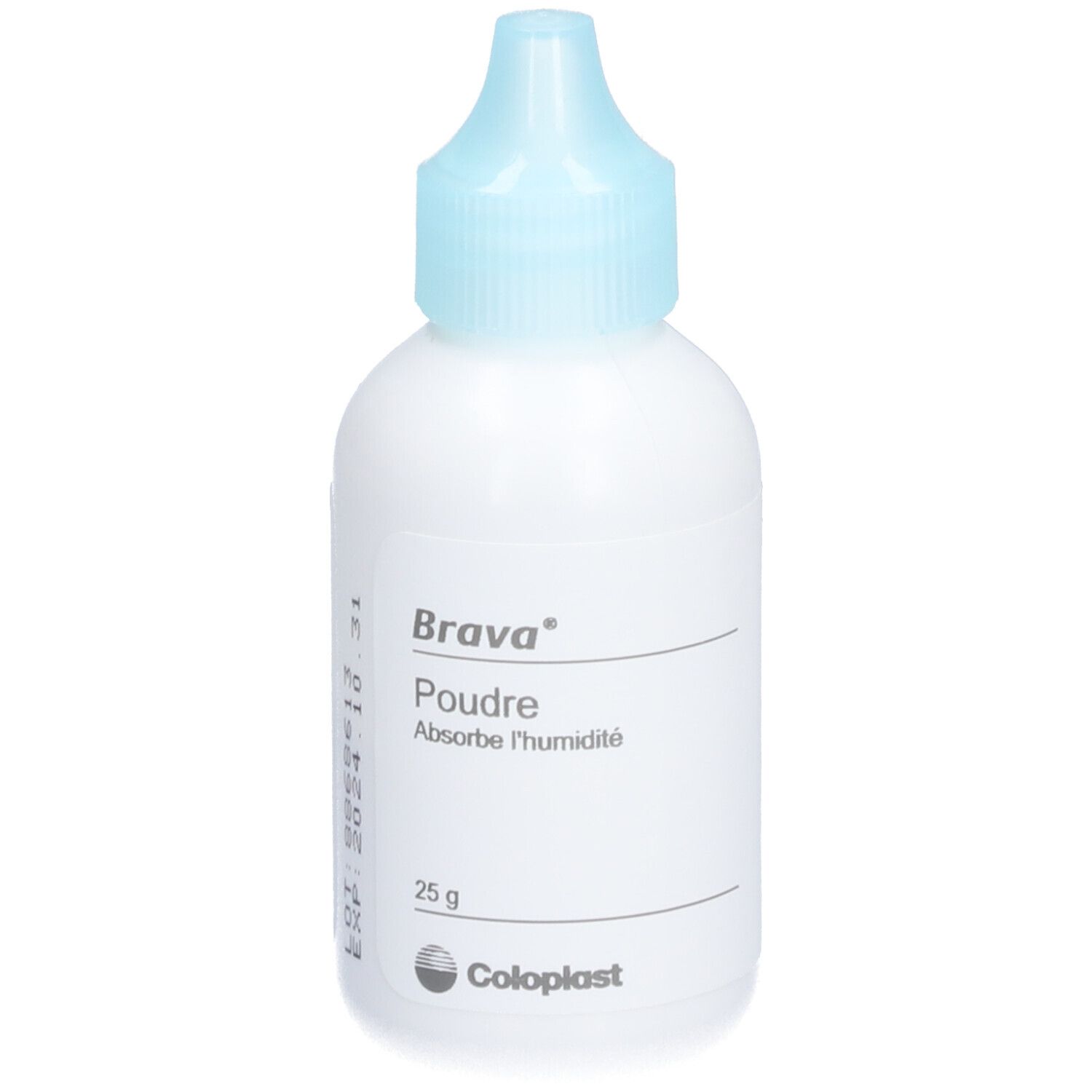 Flacon blanc avec bouchon bleu. Inscription : Brava Poudre, Absorbe l'humidité. 25 g. Coloplast.