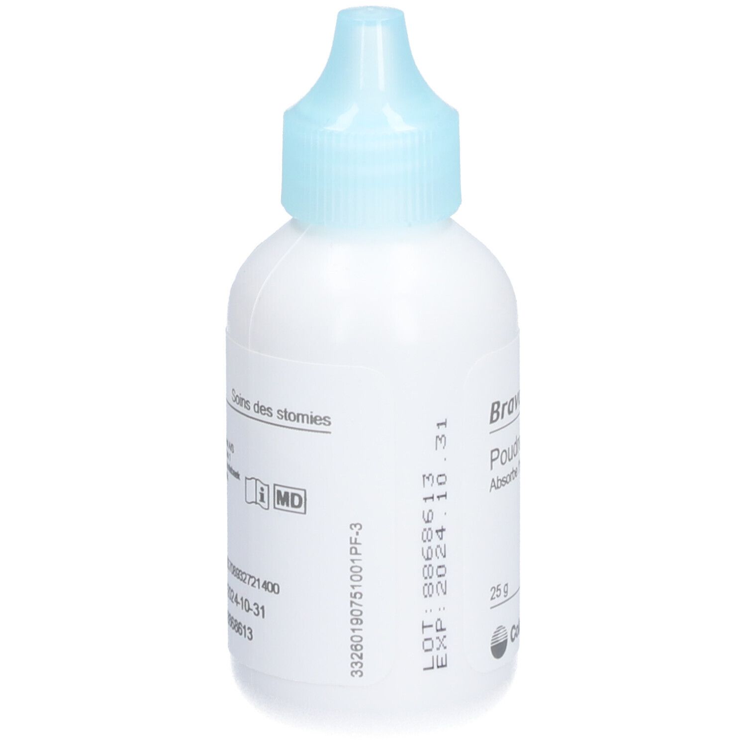 Flacon blanc avec bouchon bleu. Inscription : Brava Poudre, Absorbe l'humidité. 25 g. Coloplast. Numéro de lot et date d'expiration.