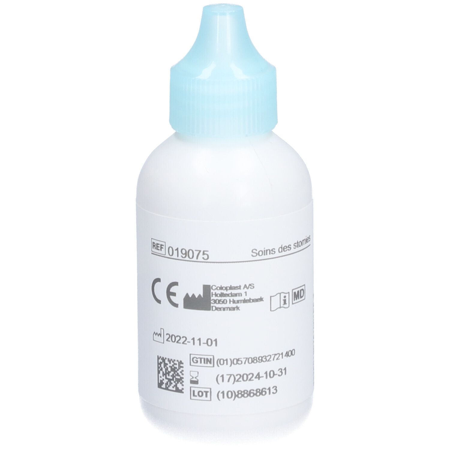 Flacon blanc avec bouchon bleu. Inscription : Brava Poudre, Absorbe l'humidité. 25 g. Coloplast. Avec marquage CE.