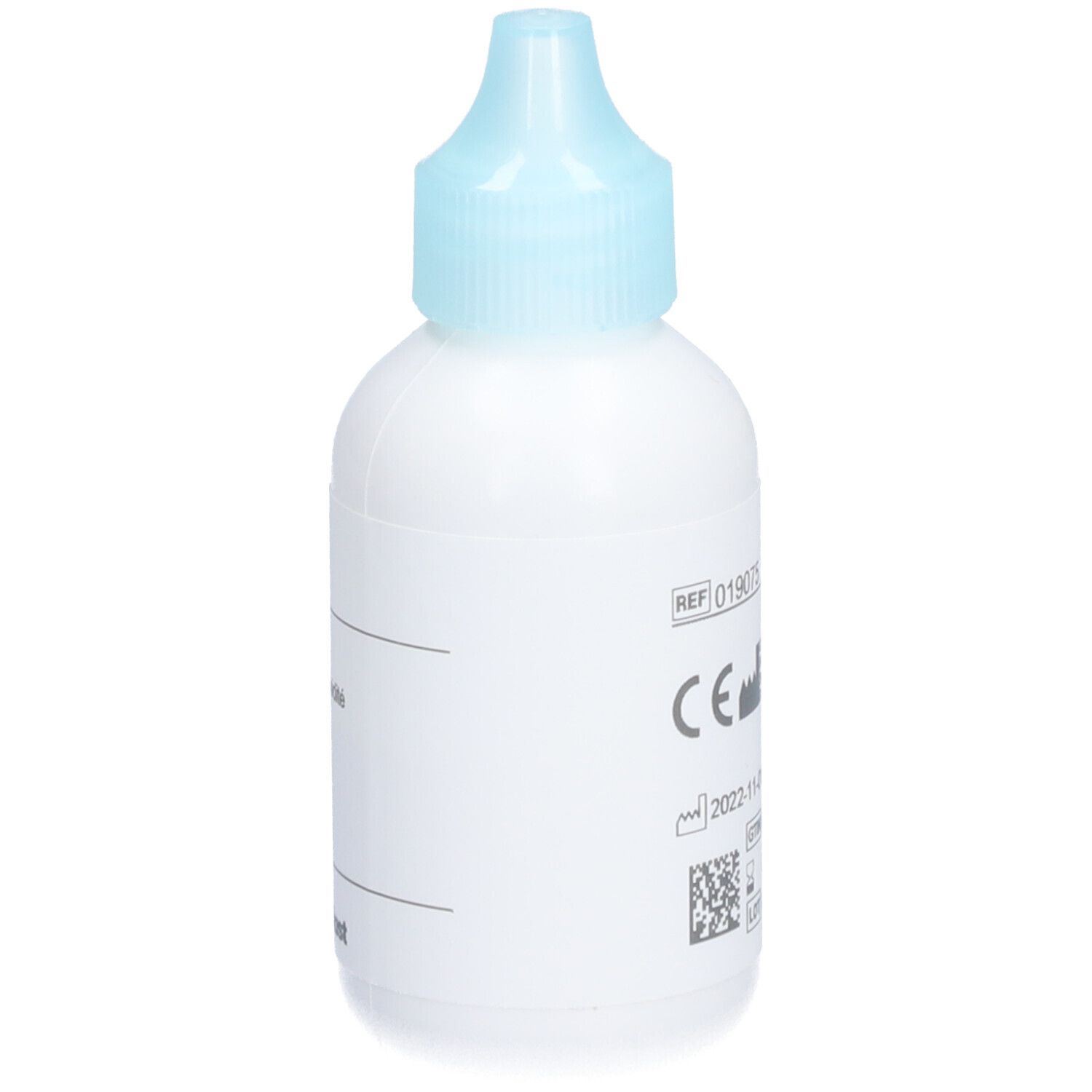 Flacon blanc avec bouchon bleu. Inscription : Brava Poudre, Absorbe l'humidité. 25 g. Coloplast. Avec marquage CE.