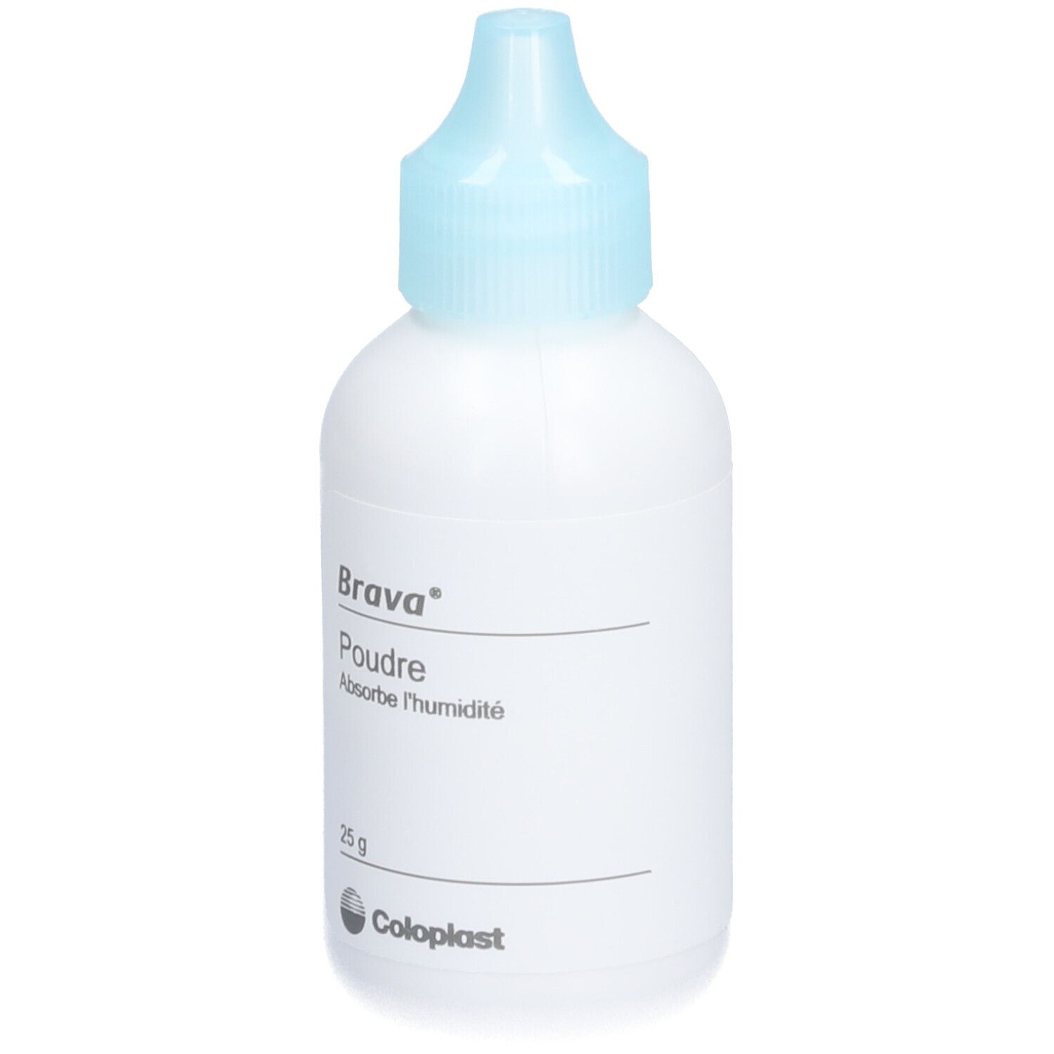 Flacon blanc avec bouchon bleu. Inscription : Brava Poudre, Absorbe l'humidité. 25 g. Coloplast.