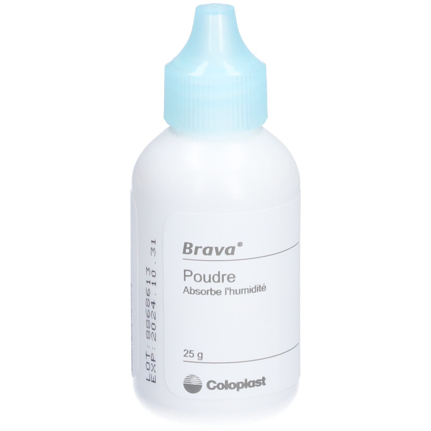 Flacon blanc avec bouchon bleu. Inscription : Brava Poudre, Absorbe l'humidité. 25 g. Coloplast. Numéro de lot et date d'expiration.