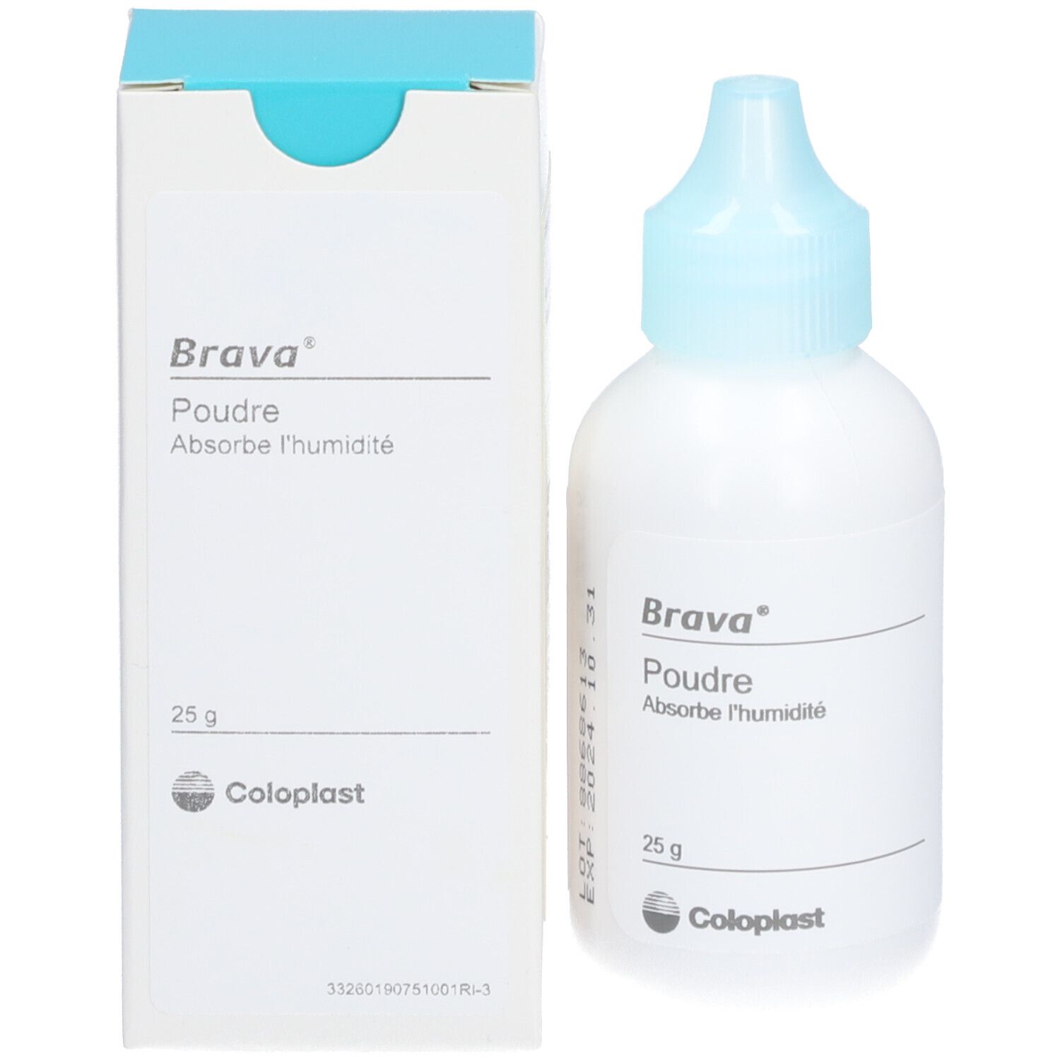 Flacon blanc avec bouchon bleu et boîte. Inscription : Brava Poudre, Absorbe l'humidité. 25 g. Coloplast.