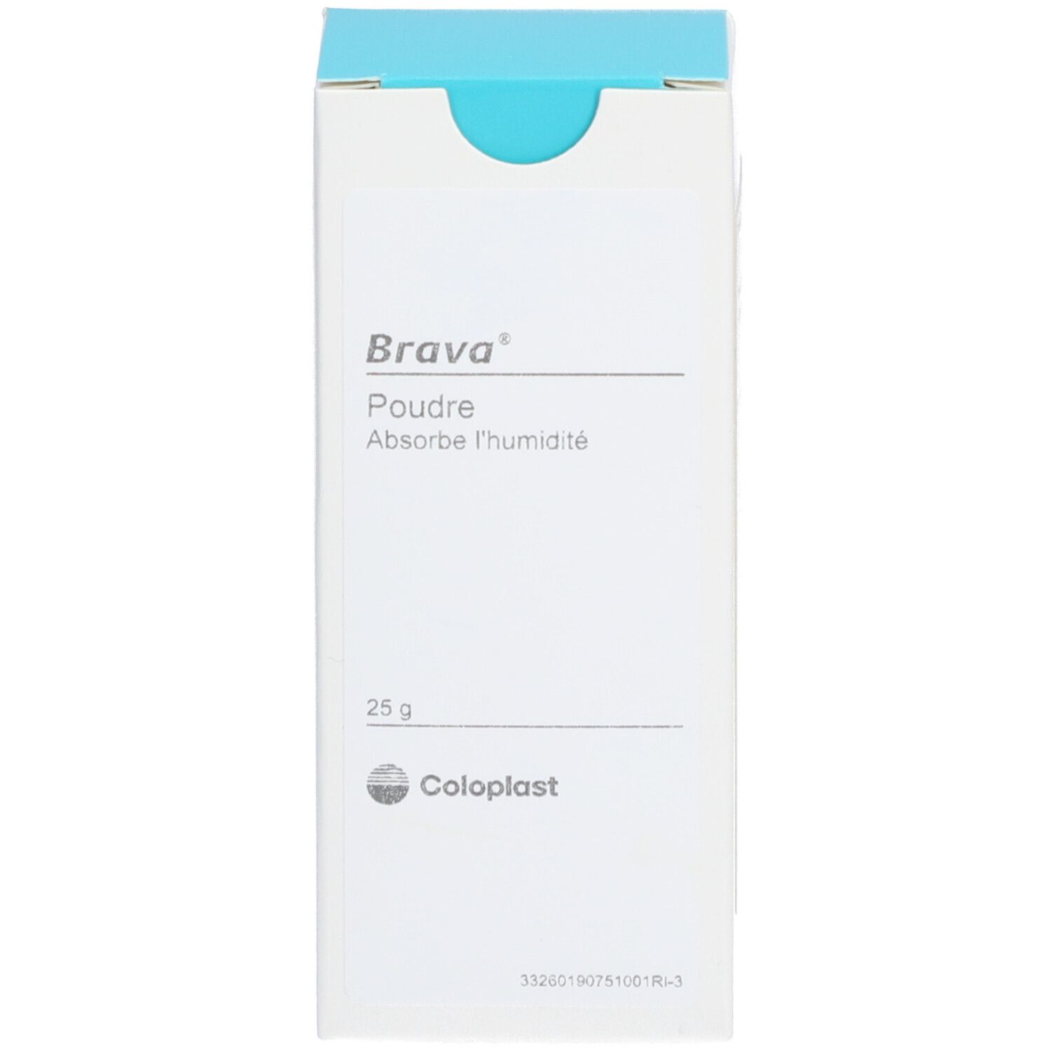 Boîte blanche avec dessus bleu. Inscription : Brava Poudre, Absorbe l'humidité. 25 g. Coloplast.
