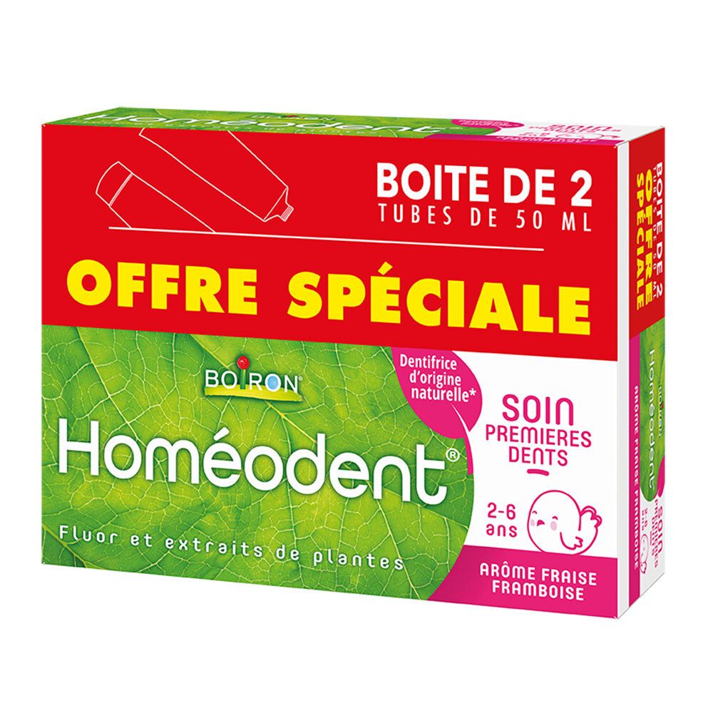 Boîte de 2 tubes de dentifrice Homéodent®. Inscription « Offre spéciale ». Arôme fraise framboise, pour les premières dents.