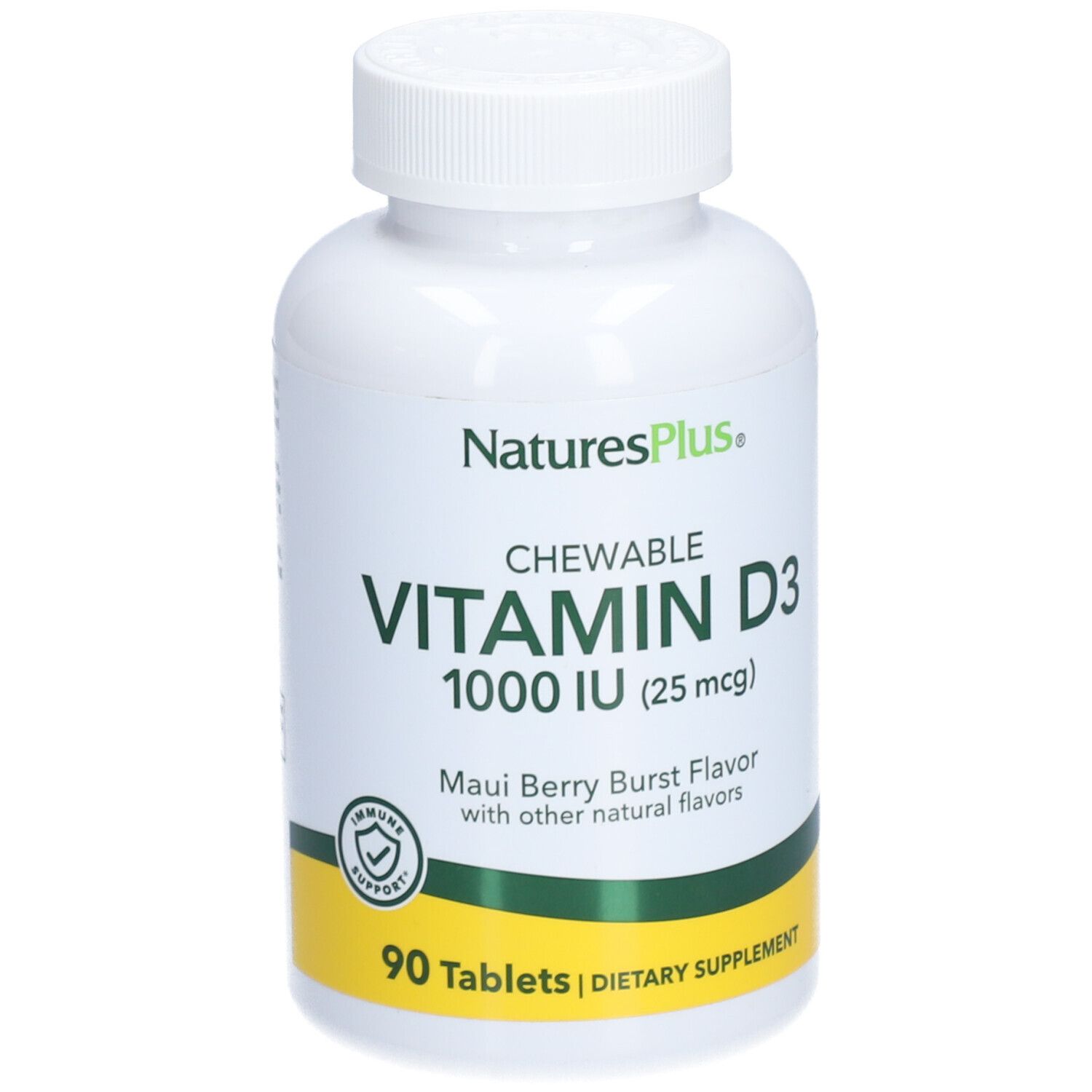 Flacon blanc de vitamine D3. Inscription: NaturesPlus, CHEWABLE VITAMIN D3 1000 IU. 90 comprimés. Bande jaune.