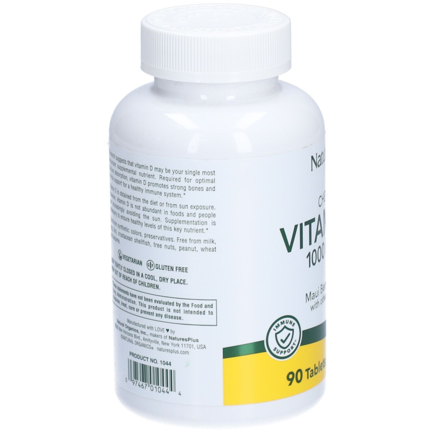 Dos de la bouteille blanche de vitamine D3. Texte: CHEWABLE VITAMIN D3 1000 IU. 90 comprimés. Bande jaune. Sans gluten.