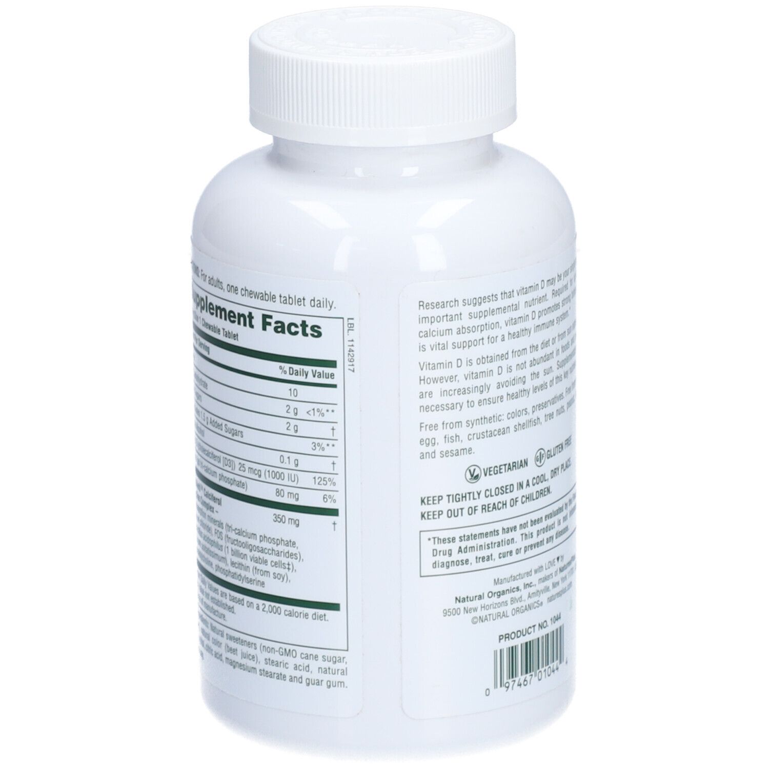 Dos de la bouteille blanche de vitamine D3. Texte: Informations nutritionnelles, vitamine D3 25 mcg. Sans gluten. Numéro 1044.