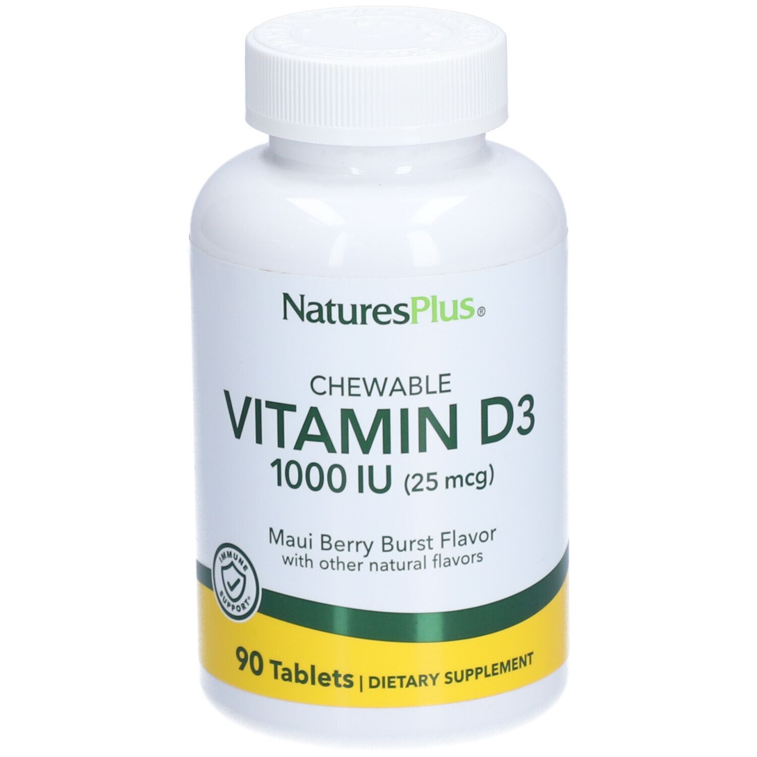 Flacon blanc de vitamine D3. Inscription: NaturesPlus, CHEWABLE VITAMIN D3 1000 IU. 90 comprimés. Bande jaune.