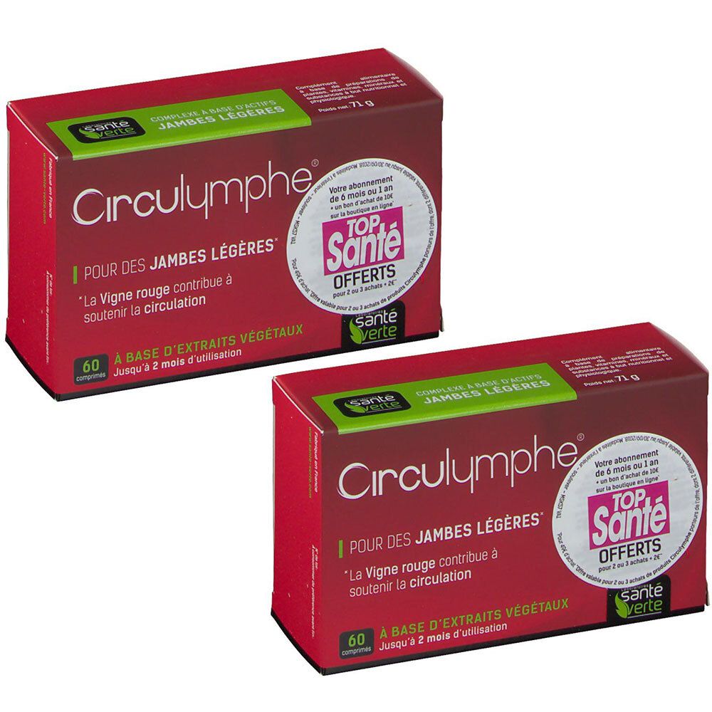 Deux boîtes rouges "Circulymphe" pour jambes légères. Inscriptions blanches et vertes. Logo "Top Santé".