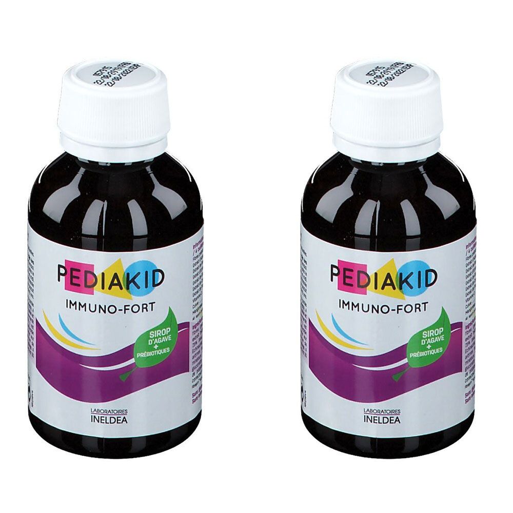 Deux flacons de PEDIAKID IMMUNO-FORT. Liquide noir dans des bouteilles en verre avec bouchon blanc. Étiquette avec informations.