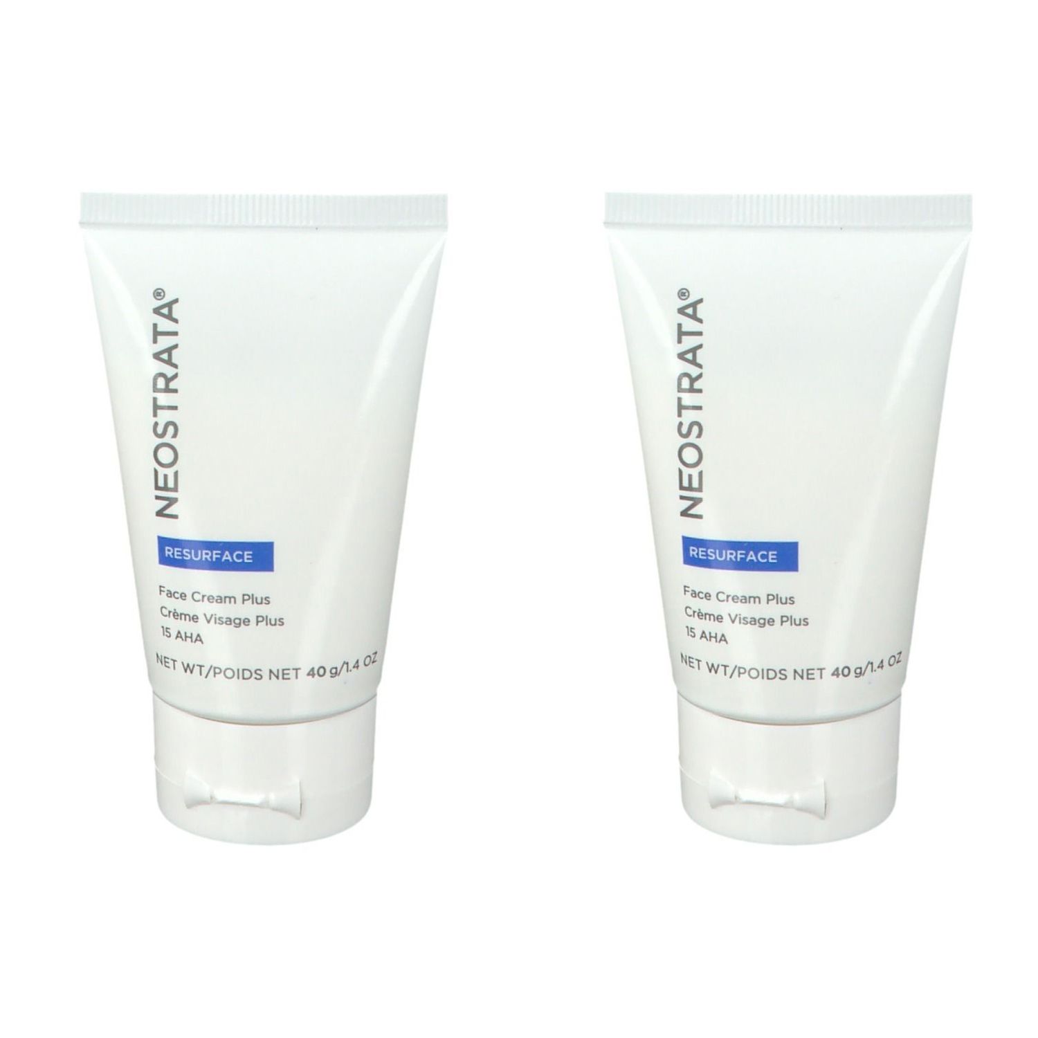 Deux tubes blancs. Inscription NEOSTRATA, RESURFACE, Face Cream Plus, Crème Visage Plus, 15 AHA. Poids net 40g/1.4 oz.